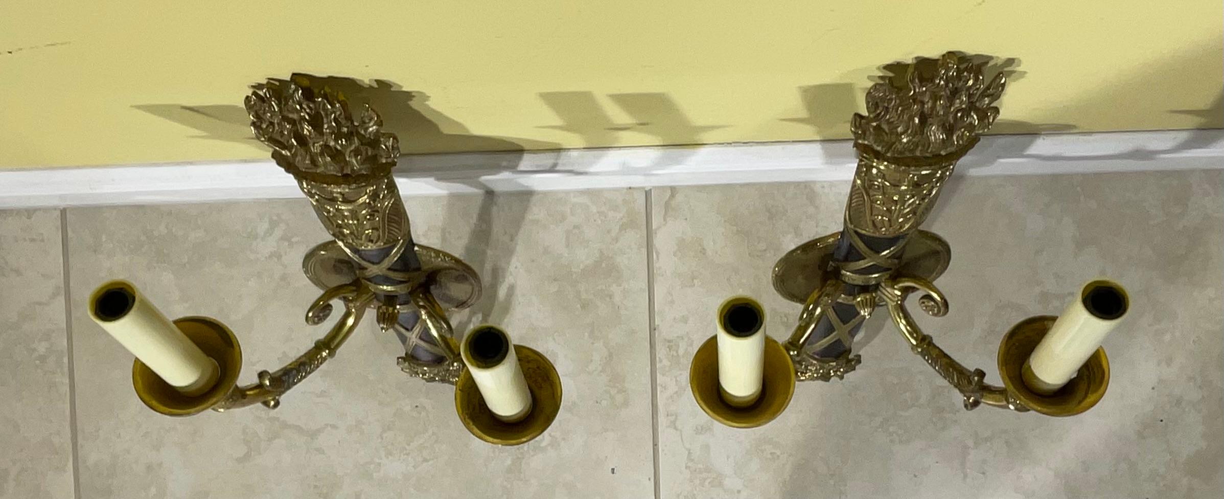 Pair of Vintage Neoclassical Bronze & Patinated Sconces - A Timeless Statement For Sale 6