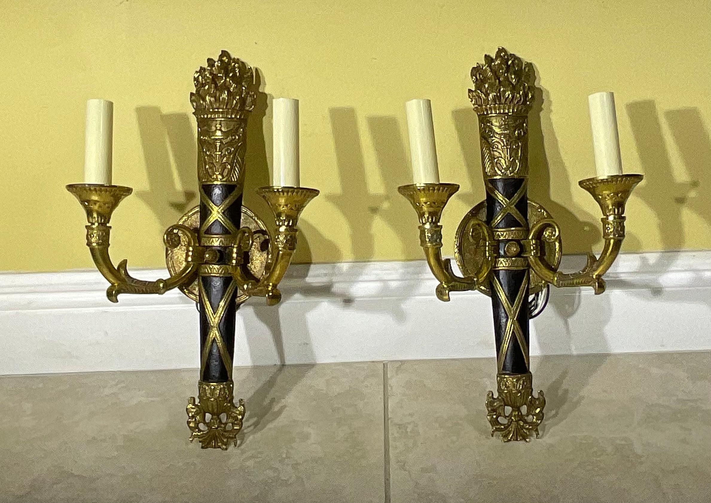 Pair of Vintage Neoclassical Bronze & Patinated Sconces - A Timeless Statement For Sale 7