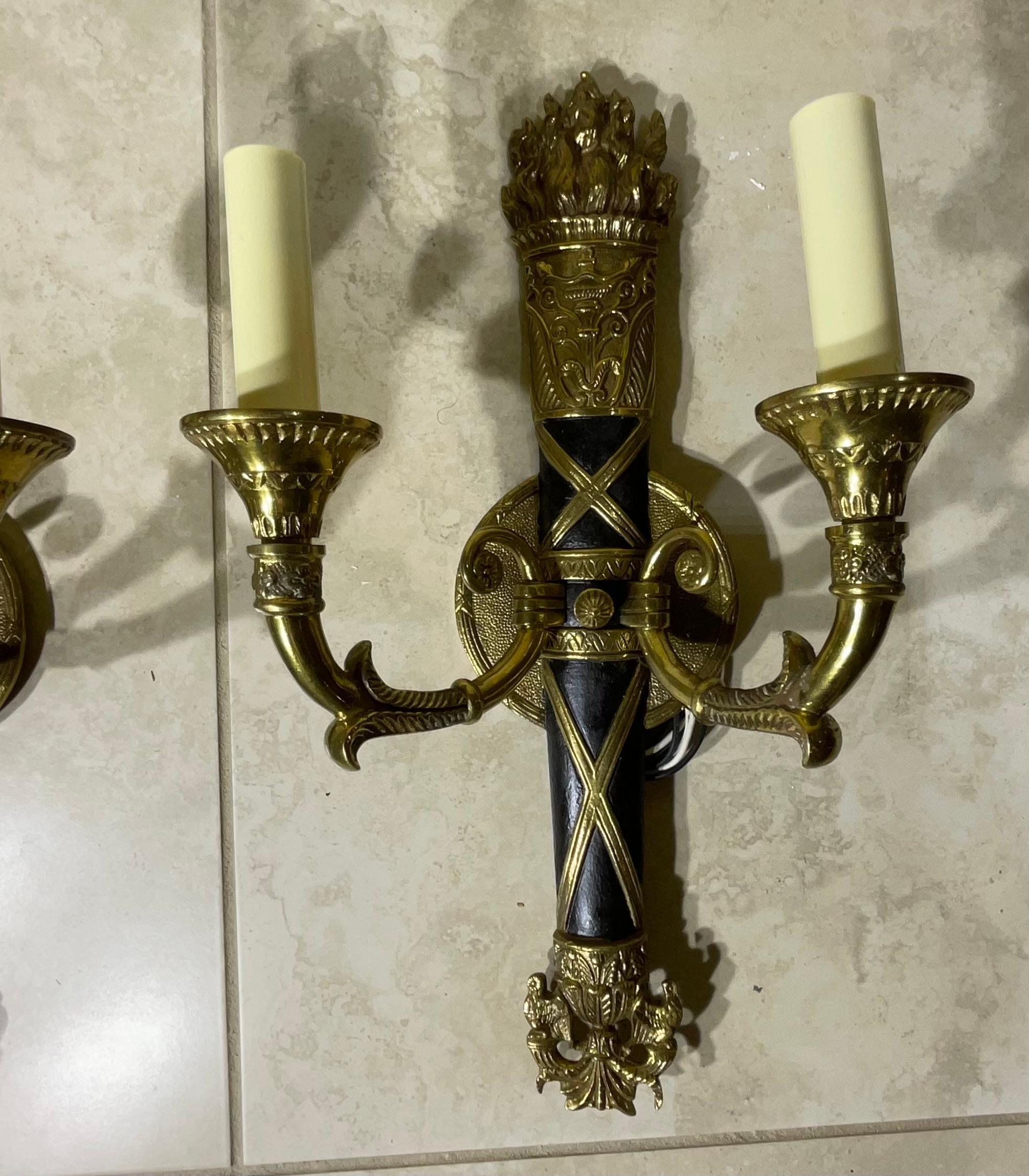European Pair of Vintage Neoclassical Bronze & Patinated Sconces - A Timeless Statement For Sale