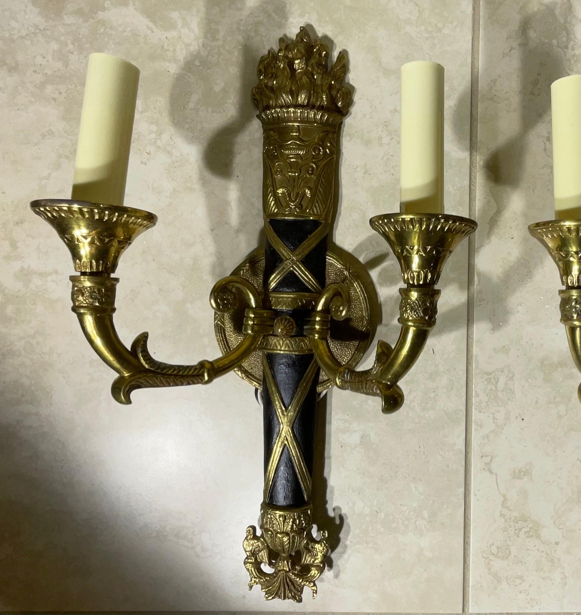 Hand-Crafted Pair of Vintage Neoclassical Bronze & Patinated Sconces - A Timeless Statement For Sale