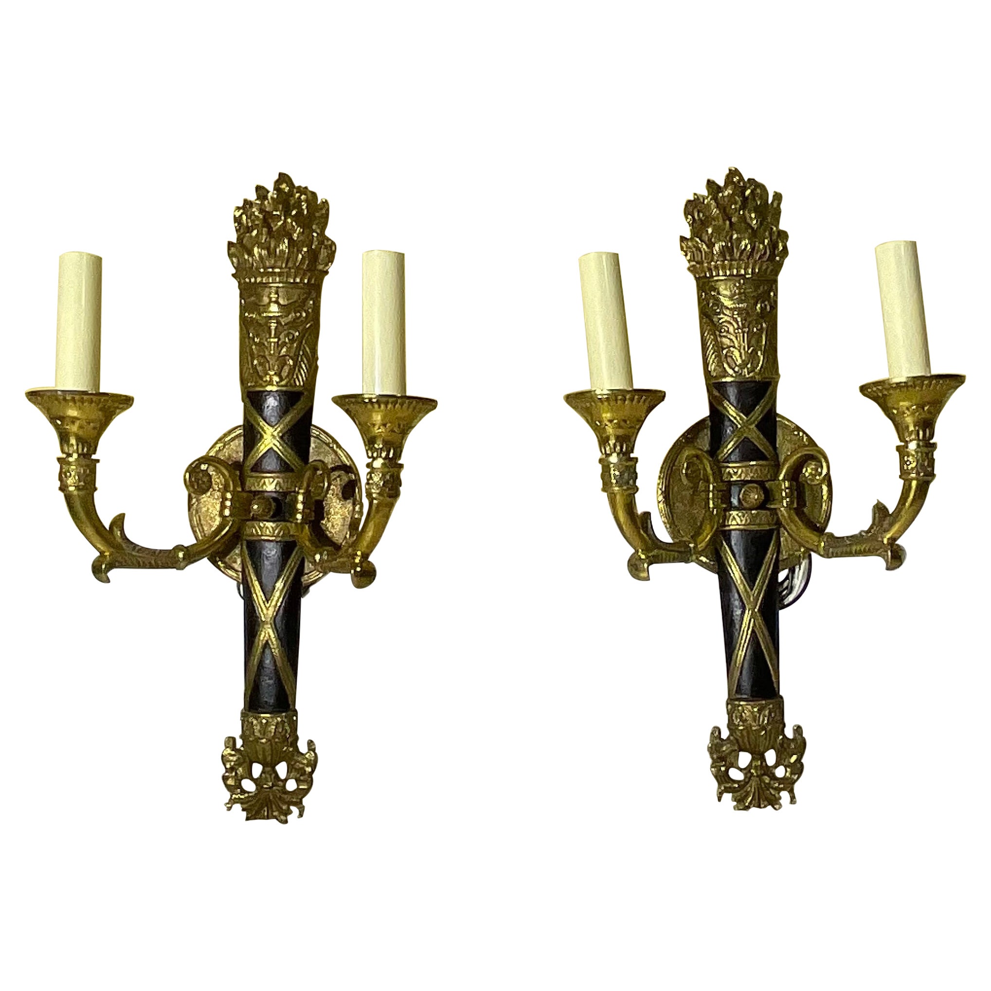 Pair of Vintage Neoclassical Bronze & Patinated Sconces - A Timeless Statement