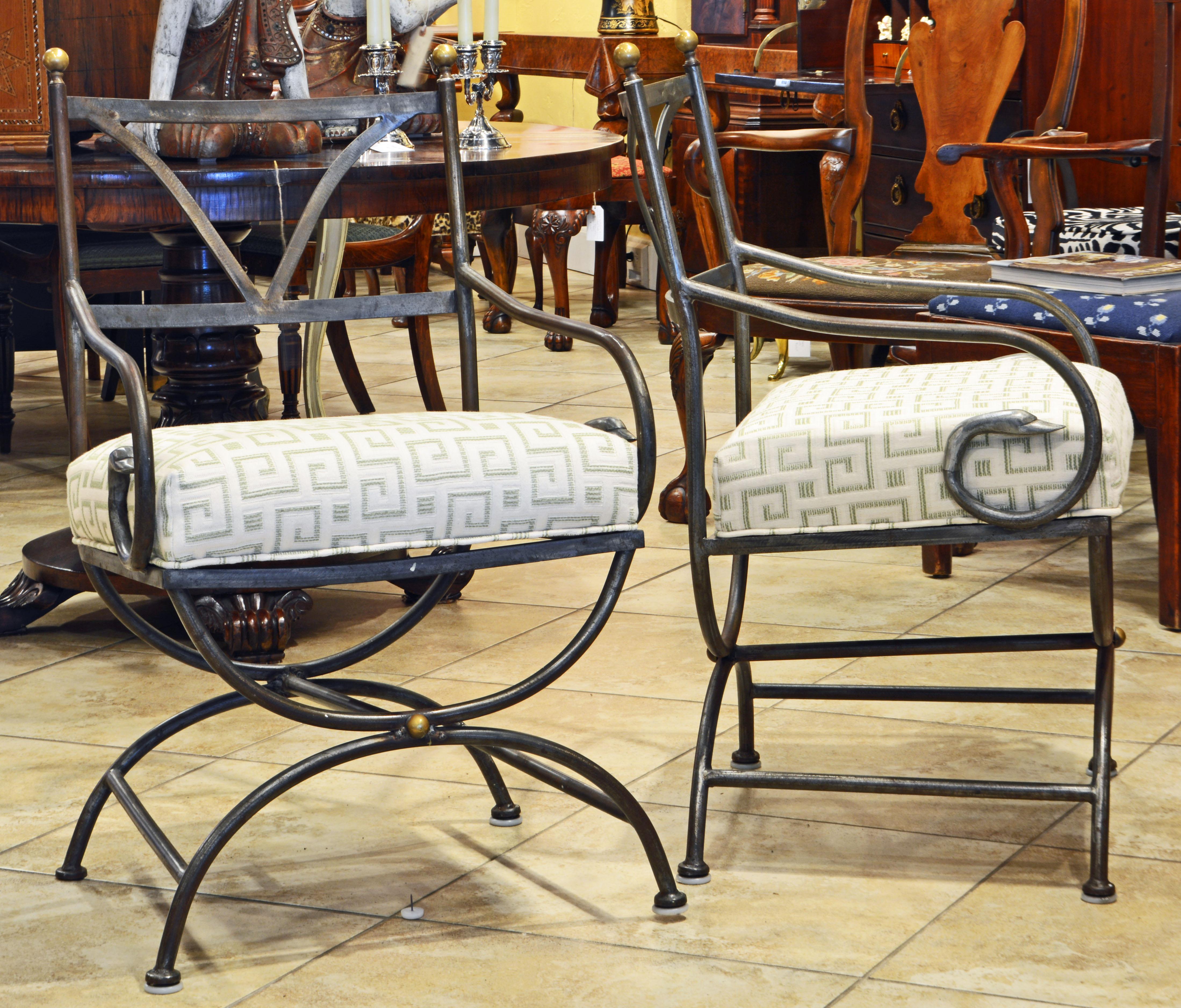 Pair of Vintage Neoclassical Curule Style Wrought Iron and Brass Armchairs In Good Condition In Ft. Lauderdale, FL