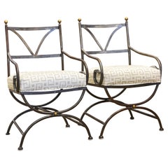 Pair of Vintage Neoclassical Curule Style Wrought Iron and Brass Armchairs