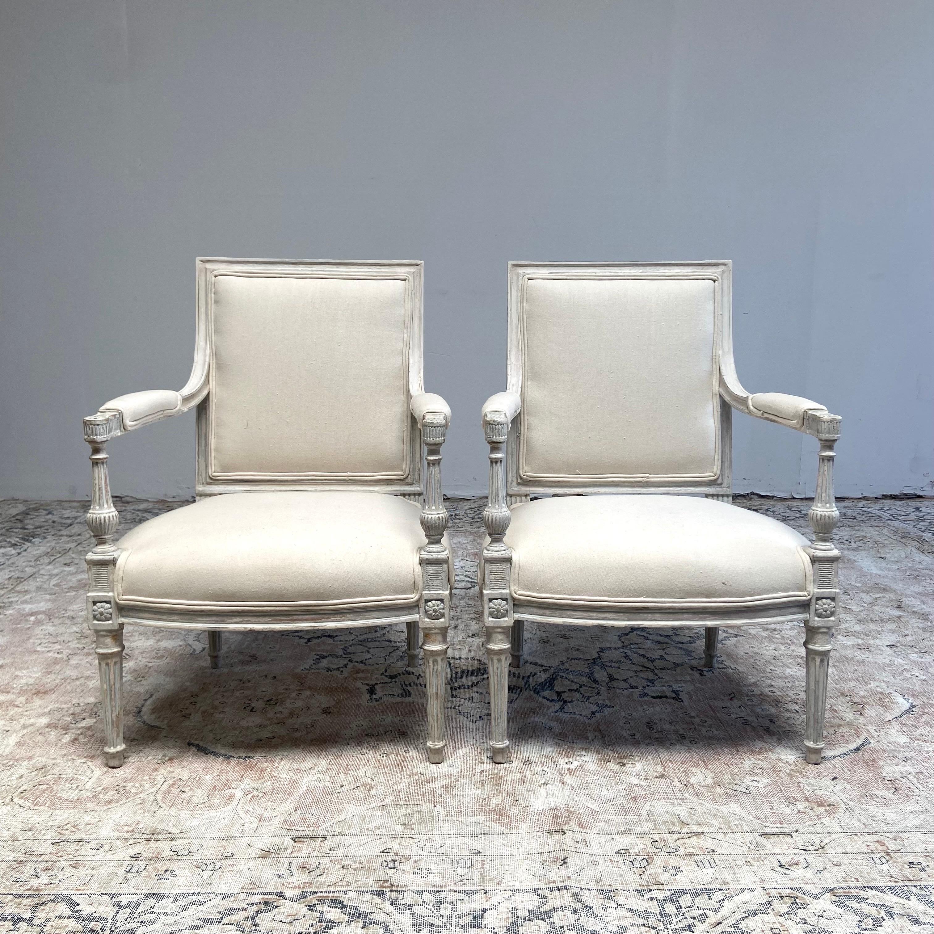 Pair of Vintage Neoclassical Painted and Upholstered Arm Chairs In Good Condition For Sale In Brea, CA
