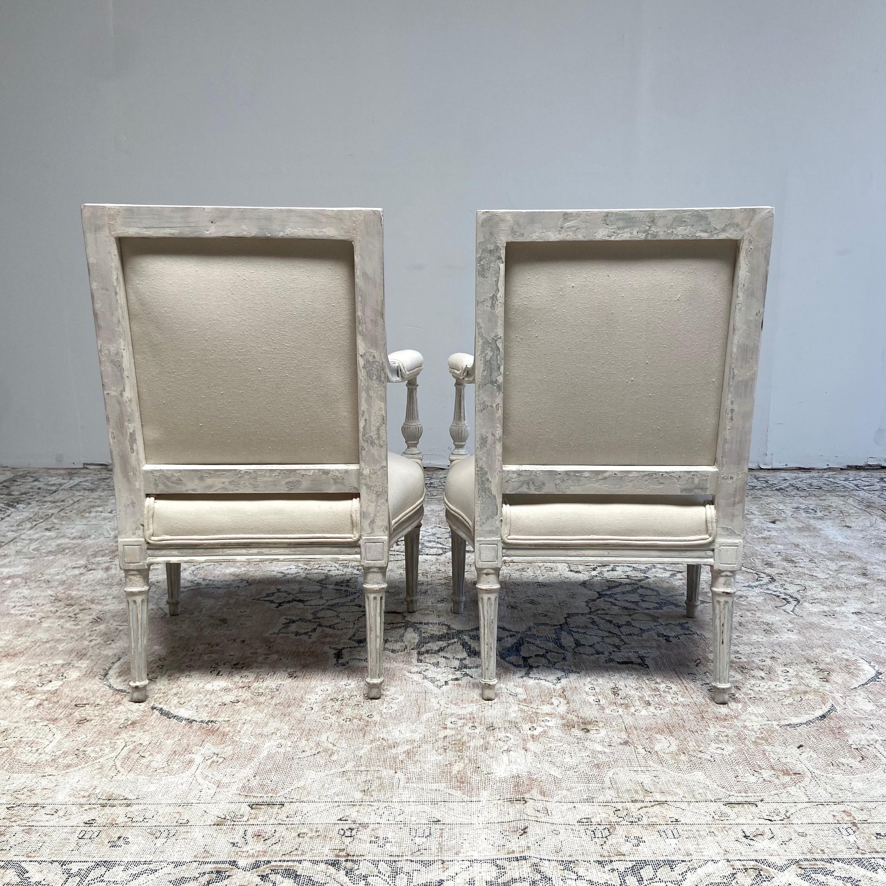 Cotton Pair of Vintage Neoclassical Painted and Upholstered Arm Chairs For Sale