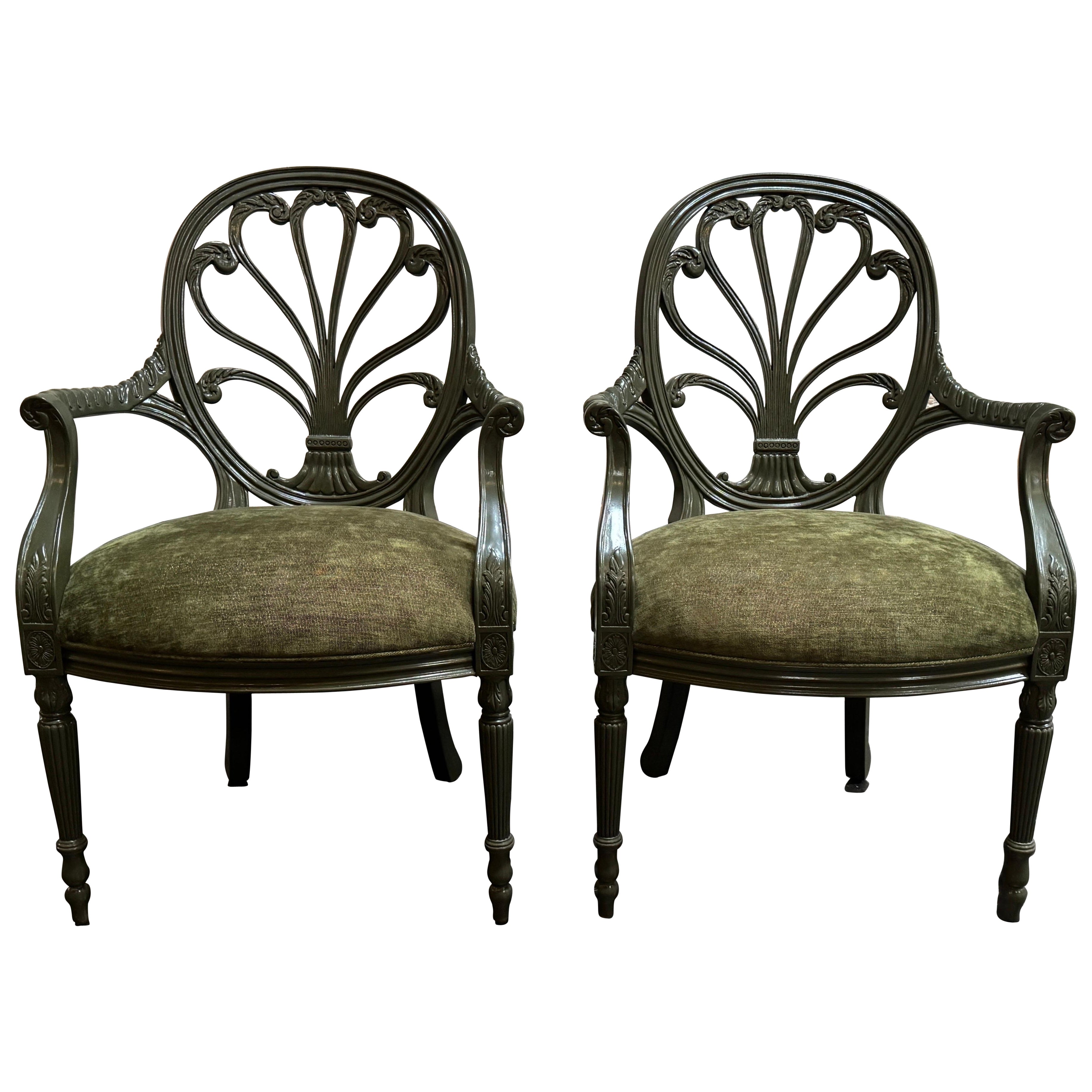 Pair of Vintage Neoclassical Prince of Wales Fan Back Armchairs - Fully Restored For Sale