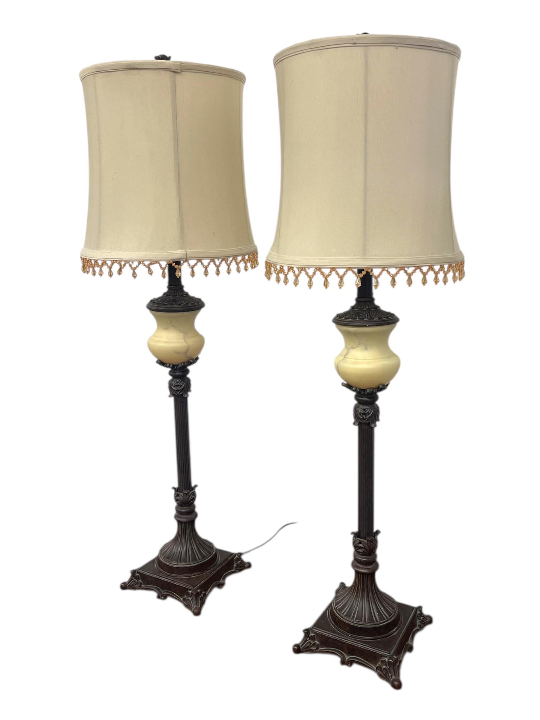 Pair of Vintage Neoclassical Table Lamps w/ Ornate Metal Bases and Fabric Shade. In Good Condition For Sale In Seattle, WA