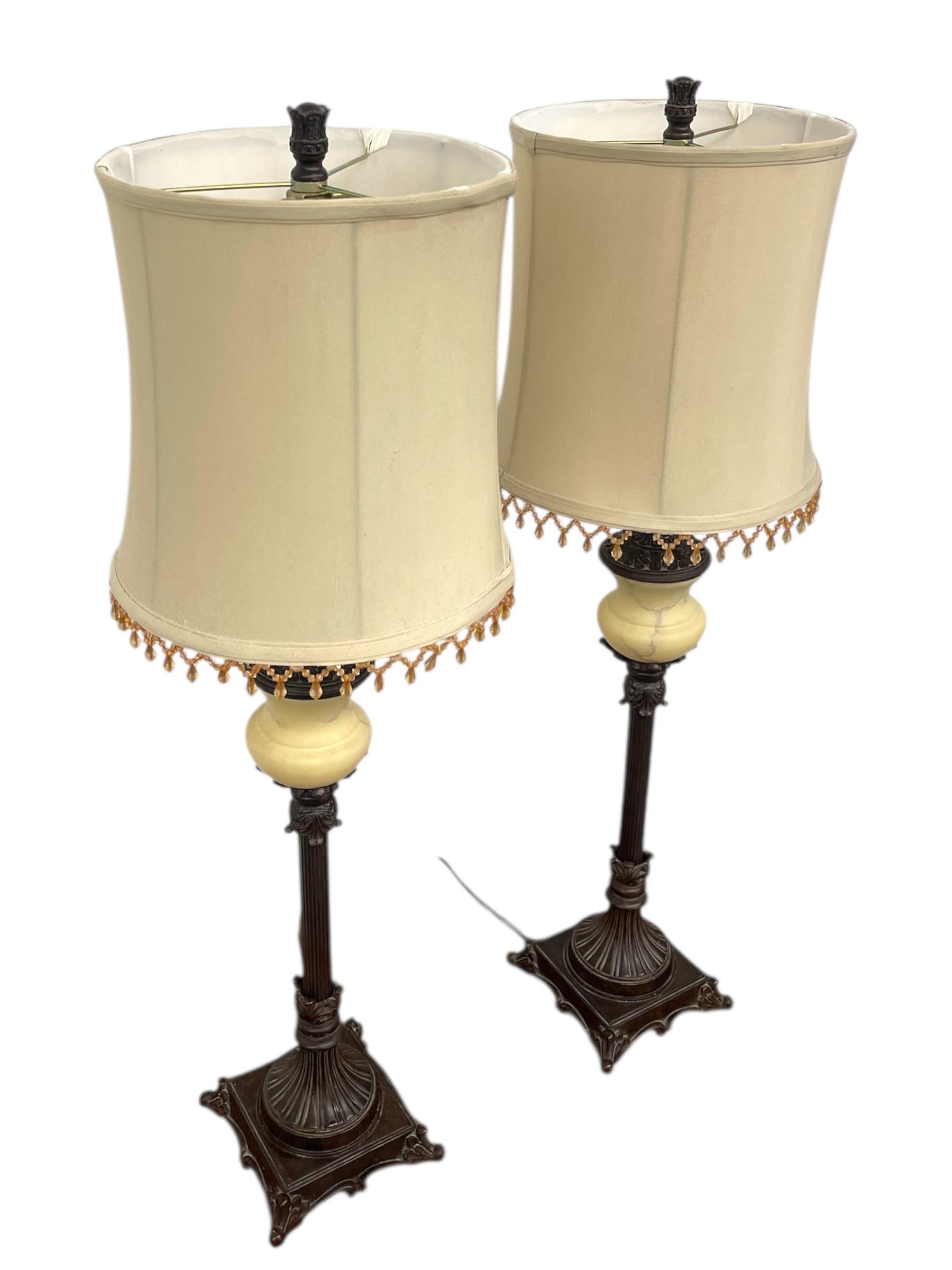 Late 20th Century Pair of Vintage Neoclassical Table Lamps w/ Ornate Metal Bases and Fabric Shade. For Sale