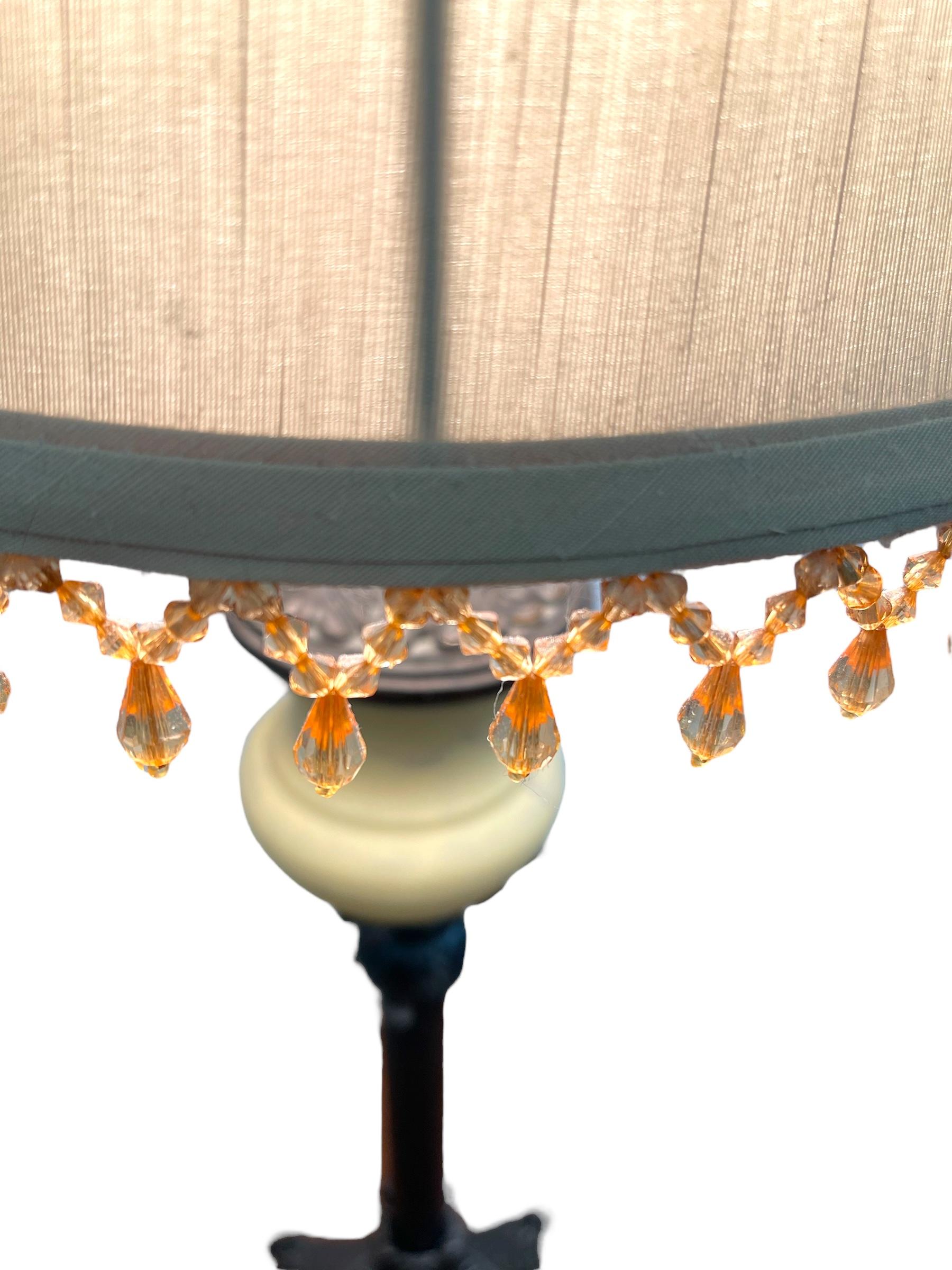 Pair of Vintage Neoclassical Table Lamps w/ Ornate Metal Bases and Fabric Shade. For Sale 2