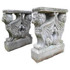 Pair of Vintage Neoclassical Winged Lion Cast Stone/Griffons Table Bases