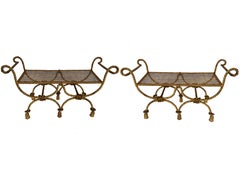 Paar Niccolini-Seil- und Quastenbank aus schwerem vergoldetem Eisen im Vintage-Stil