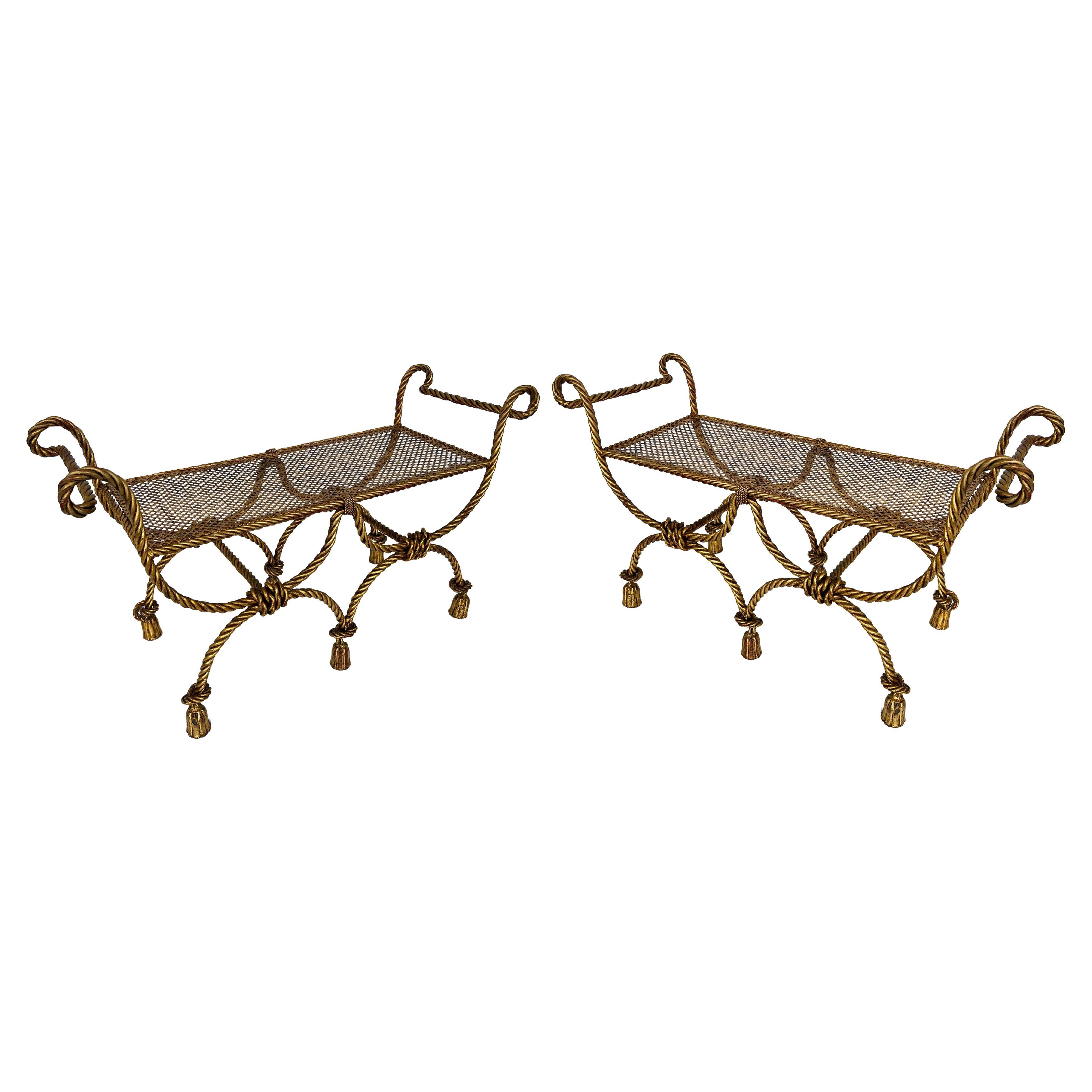 Pair of Vintage Niccolini Rope and Tassel Bench of Heavy Gilded Iron