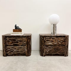 Vintage Pair of Textured Wood Veneer Nightstands  80s Postmodern Retro