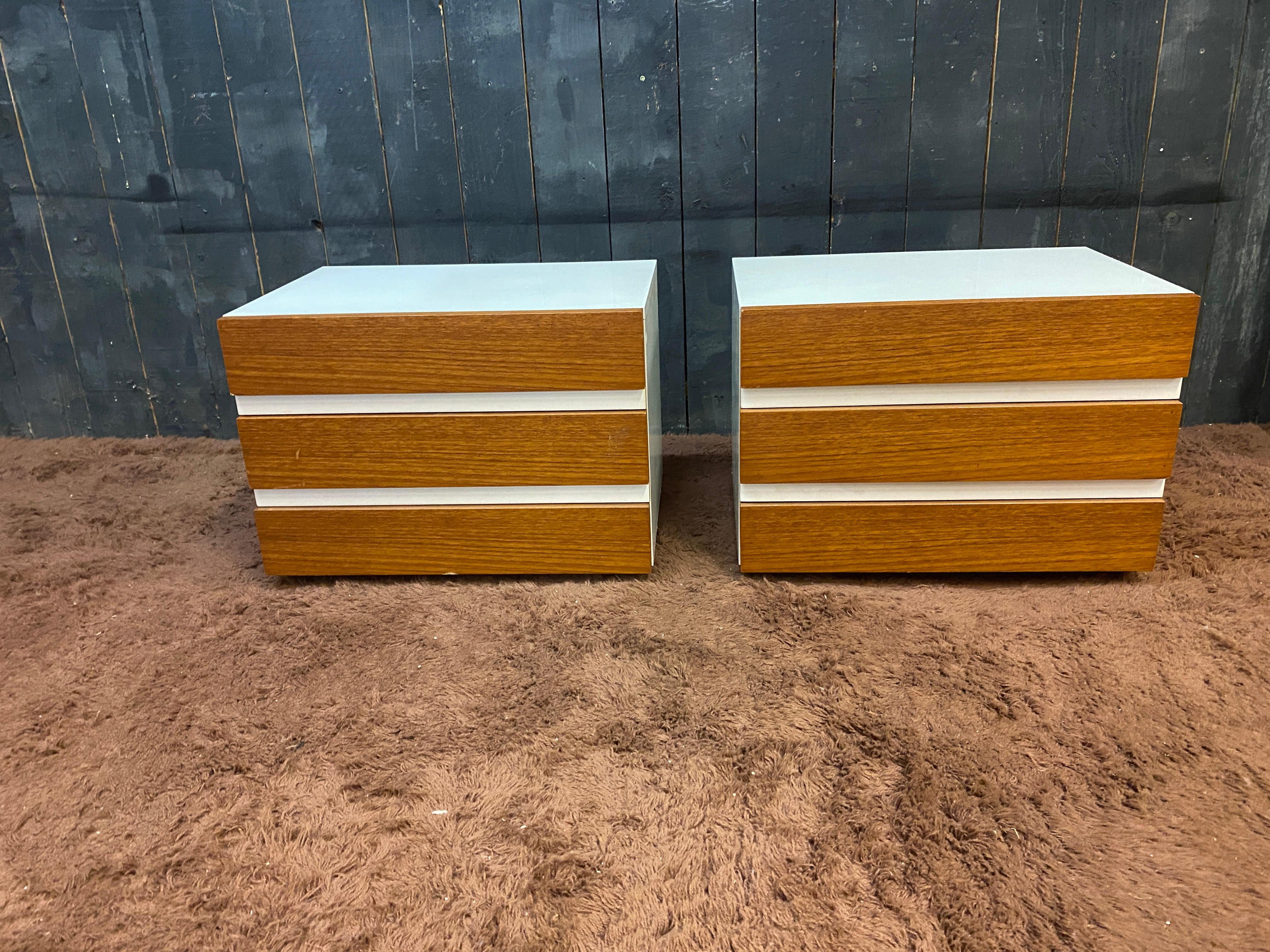 Wood pair of vintage night tables in walnut and lacquered wood circa 1960 For Sale