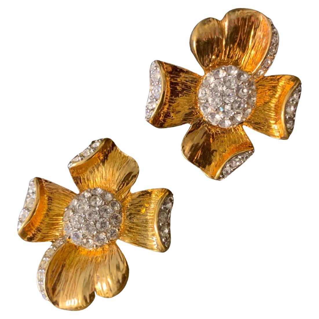 Pair of Vintage Nolan Miller Gold Plated and rhinestone Blossum Earrings NWB