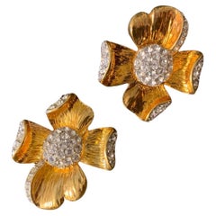 Pair of Retro Nolan Miller Gold Plated and rhinestone Blossum Earrings NWB