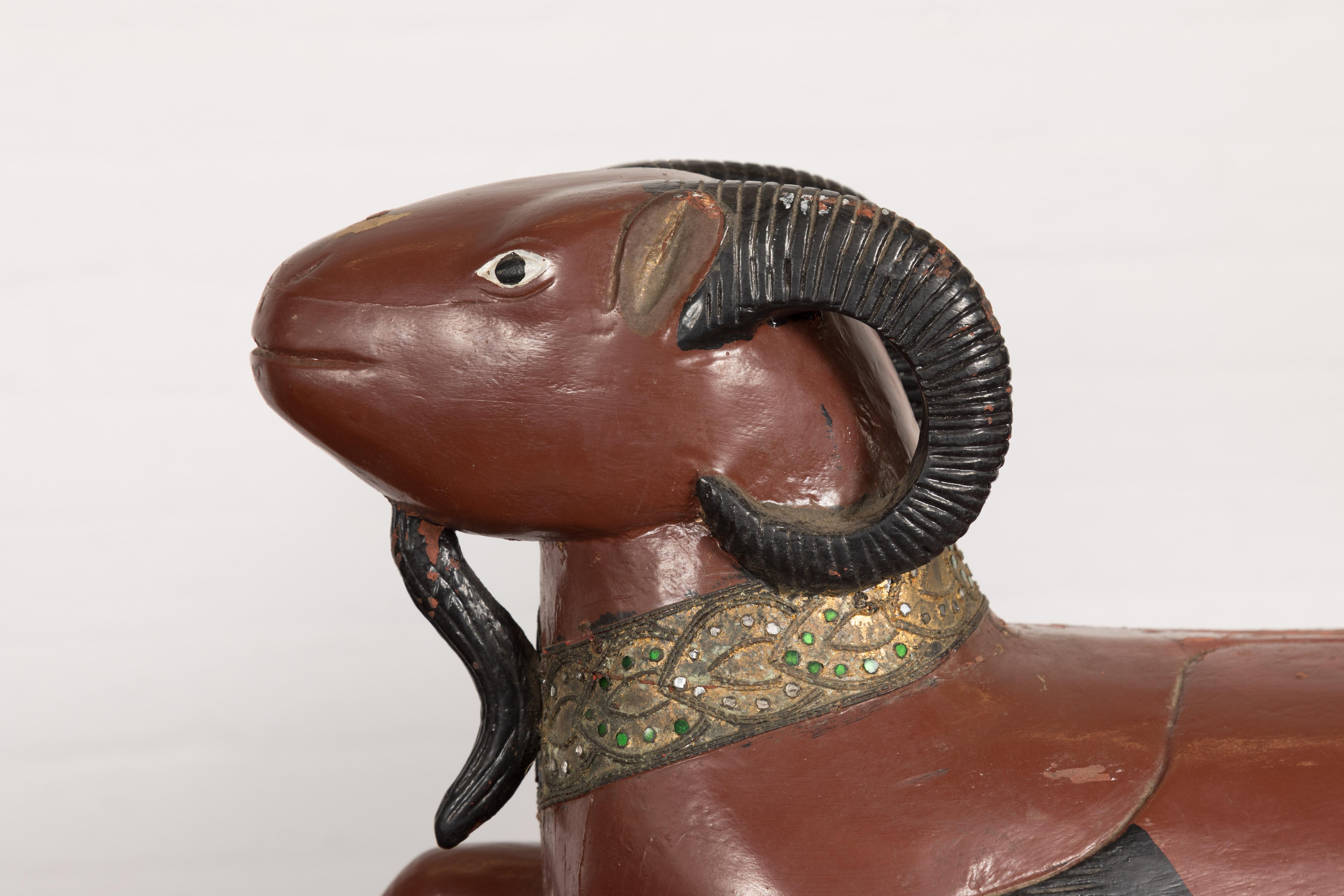 Pair of Vintage Northern Thai Double Ram Sculptures with Reddish Brown Lacquer For Sale 4