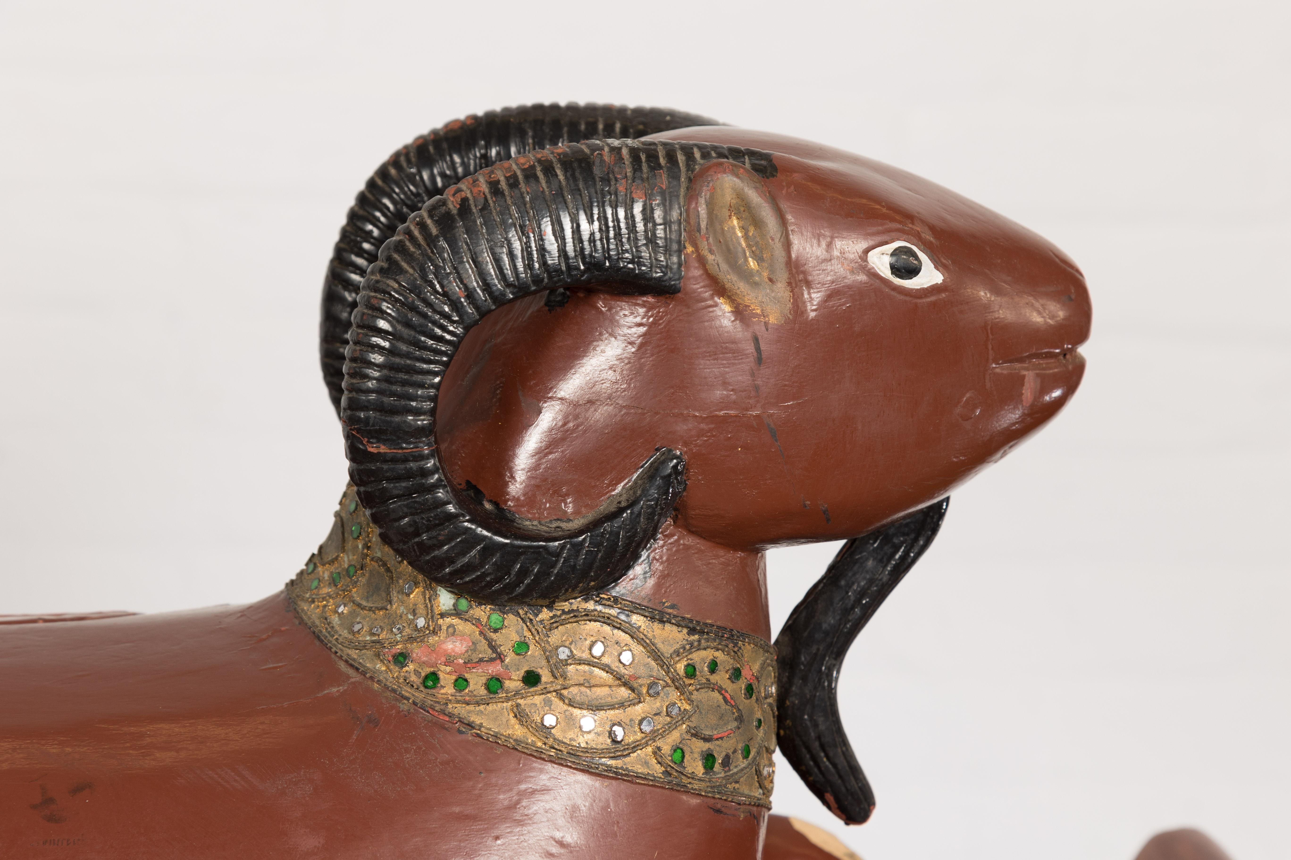 Pair of Vintage Northern Thai Double Ram Sculptures with Reddish Brown Lacquer For Sale 4