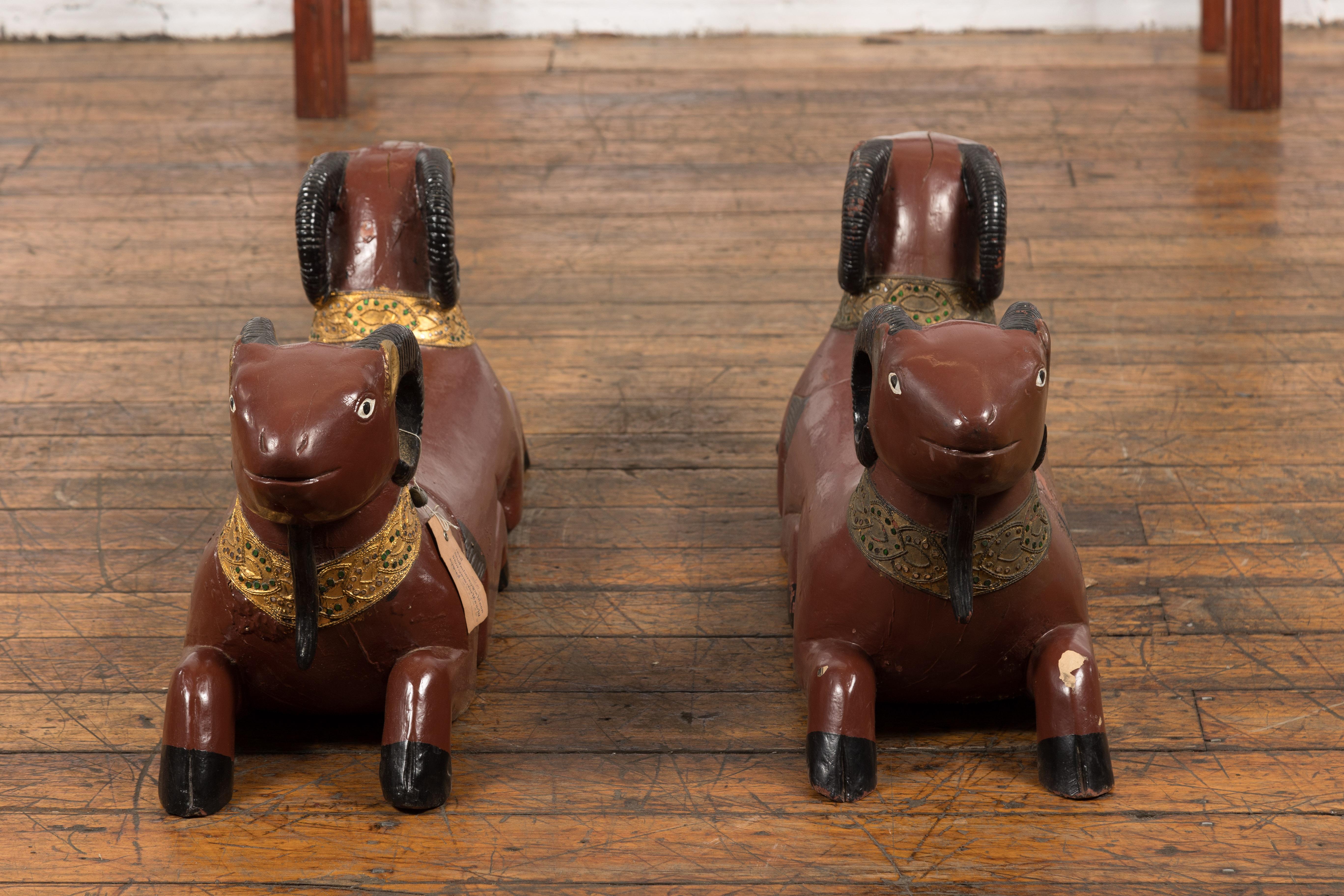 Pair of Vintage Northern Thai Double Ram Sculptures with Reddish Brown Lacquer For Sale 8
