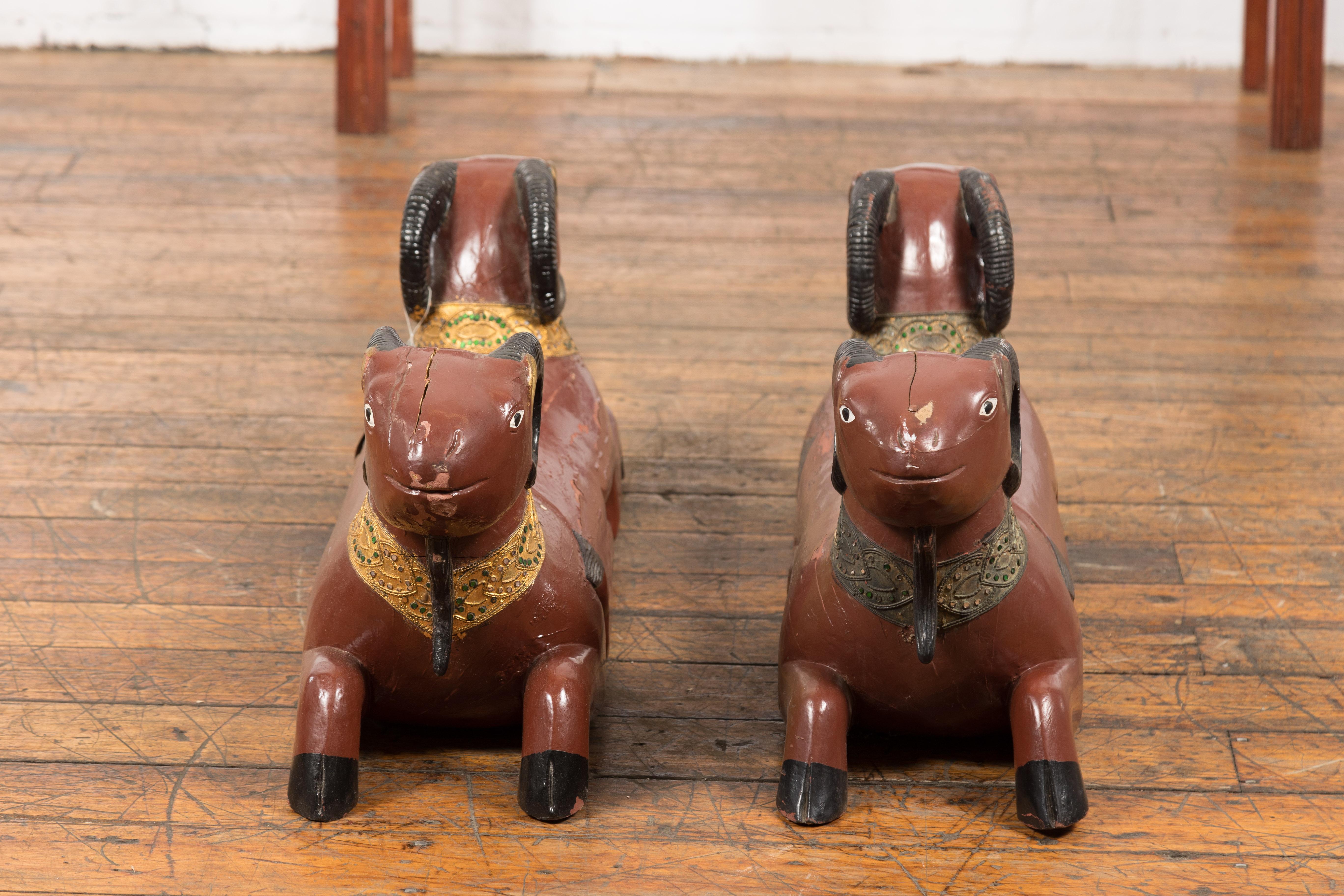Pair of Vintage Northern Thai Double Ram Sculptures with Reddish Brown Lacquer For Sale 10