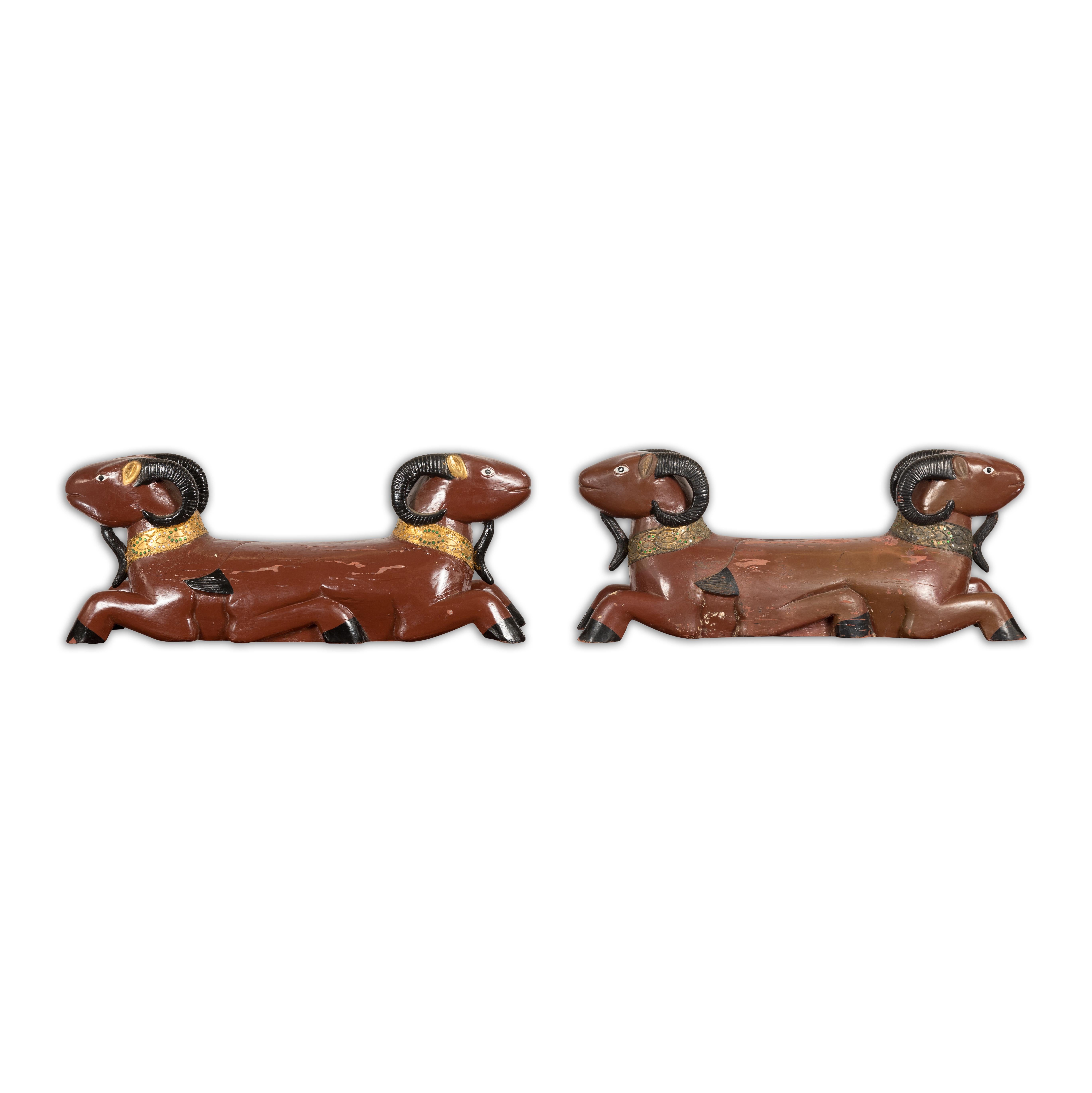 Pair of Vintage Northern Thai Double Ram Sculptures with Reddish Brown Lacquer For Sale 11