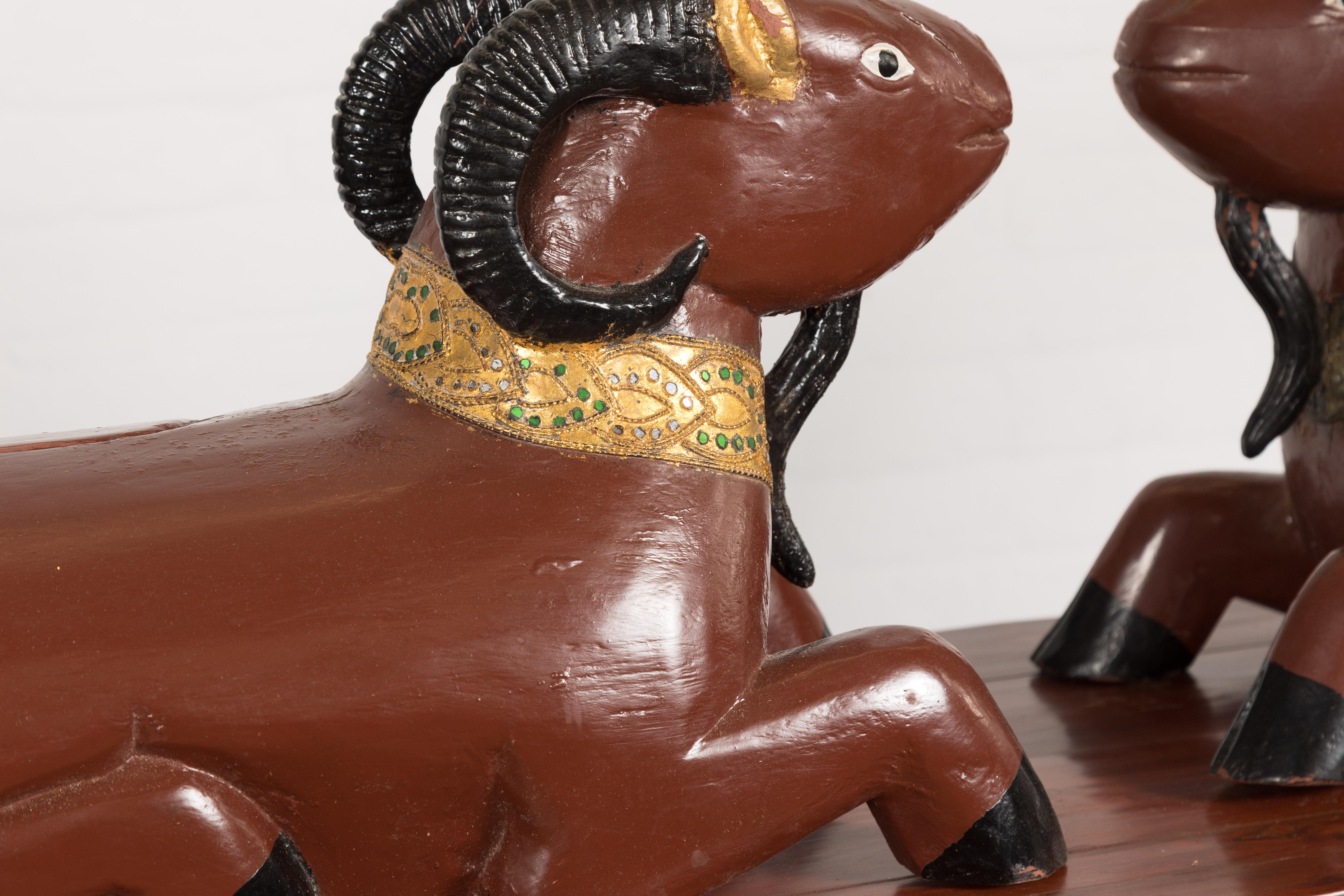 Pair of Vintage Northern Thai Double Ram Sculptures with Reddish Brown Lacquer For Sale 3
