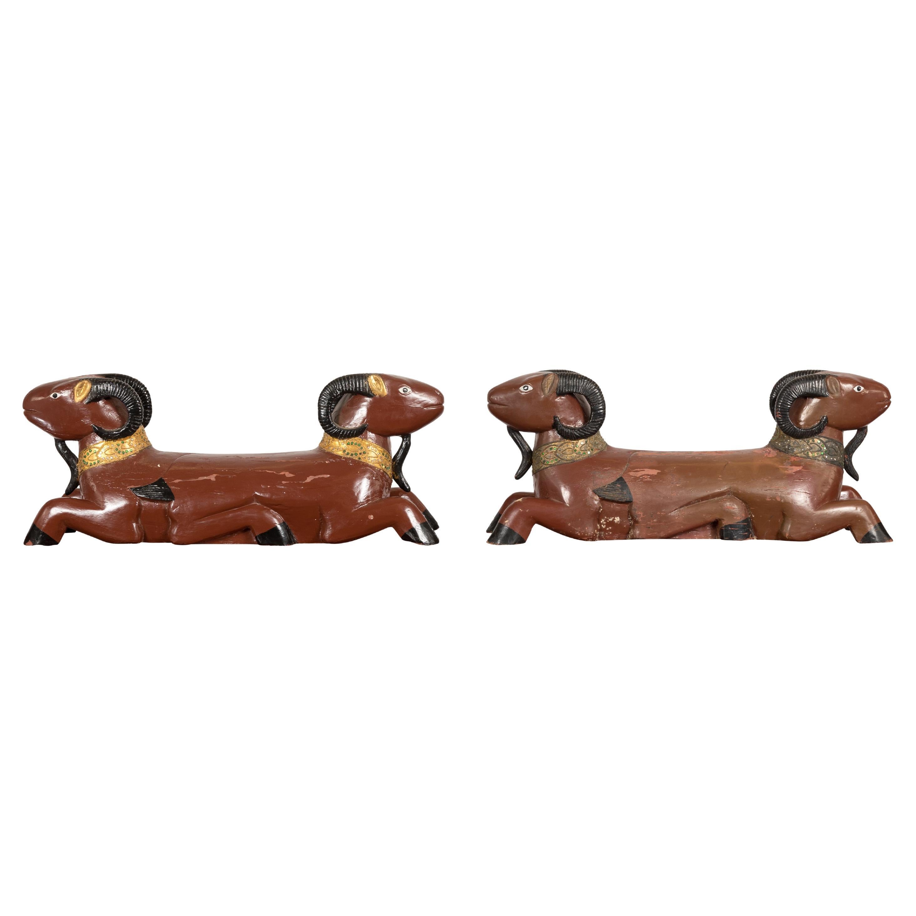 Pair of Vintage Northern Thai Double Ram Sculptures with Reddish Brown Lacquer For Sale