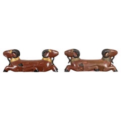 Pair of Vintage Northern Thai Double Ram Sculptures with Reddish Brown Lacquer