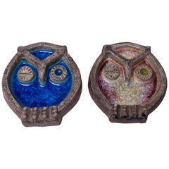 Pair of Retro Norwegian Crackle Enamel and Stone Winking Owls