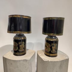 Pair of Vintage "Numbered" Tole Canister Lamps with Tole Shades