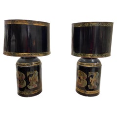 Pair of Vintage "Numbered" Tole Canister Lamps with Tole Shades