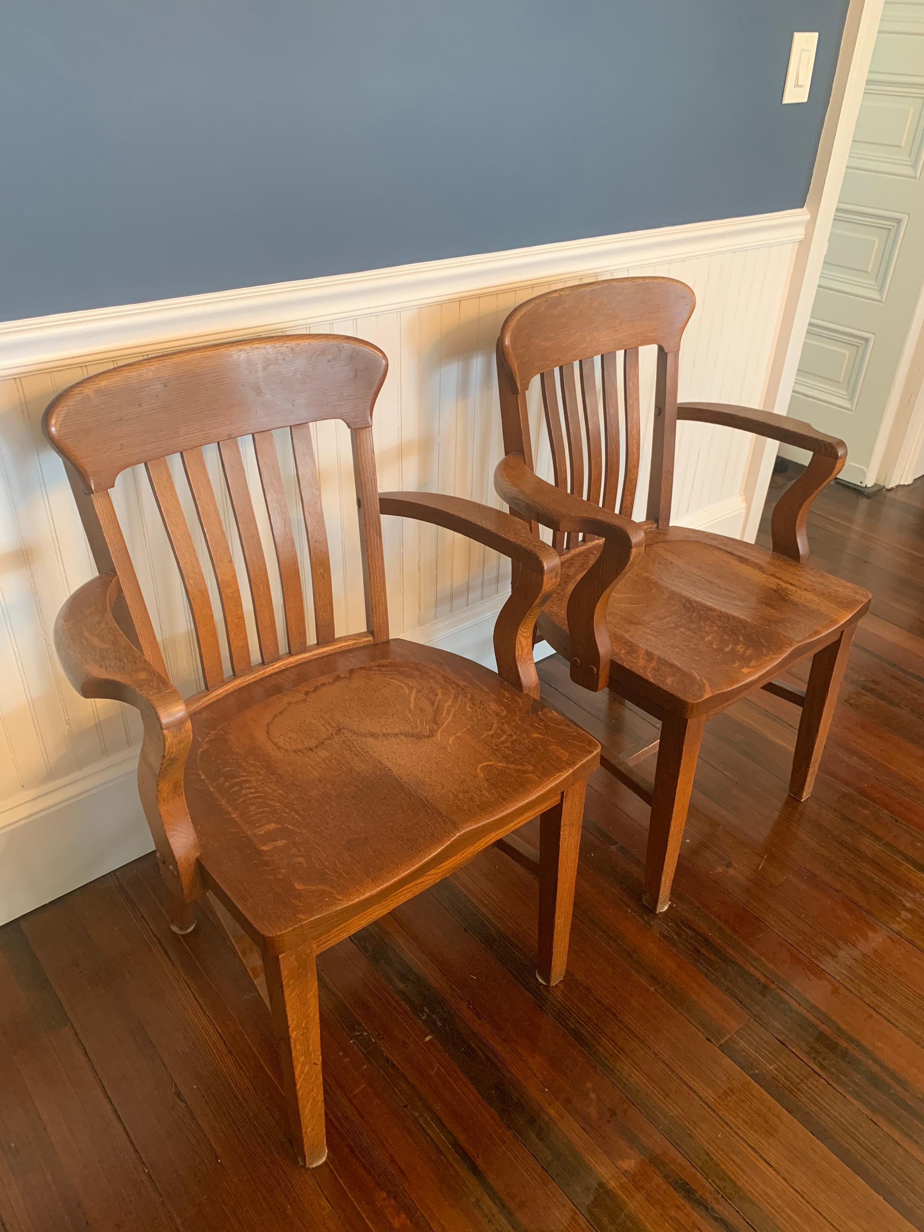 American Pair of Vintage Oak Banker's / Barrister's Armchairs