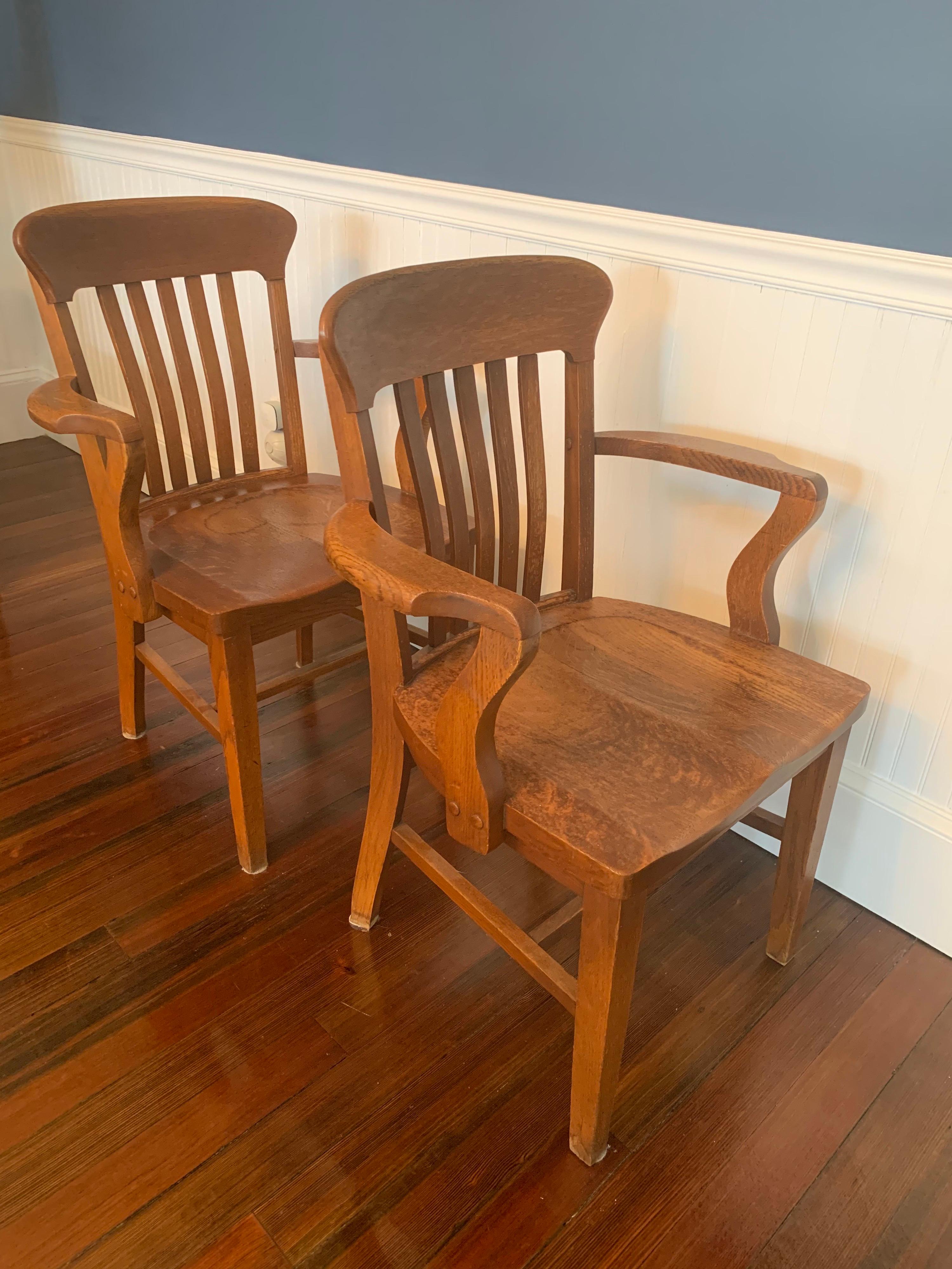 Pair of Vintage Oak Banker's / Barrister's Armchairs In Good Condition In Southampton, NY