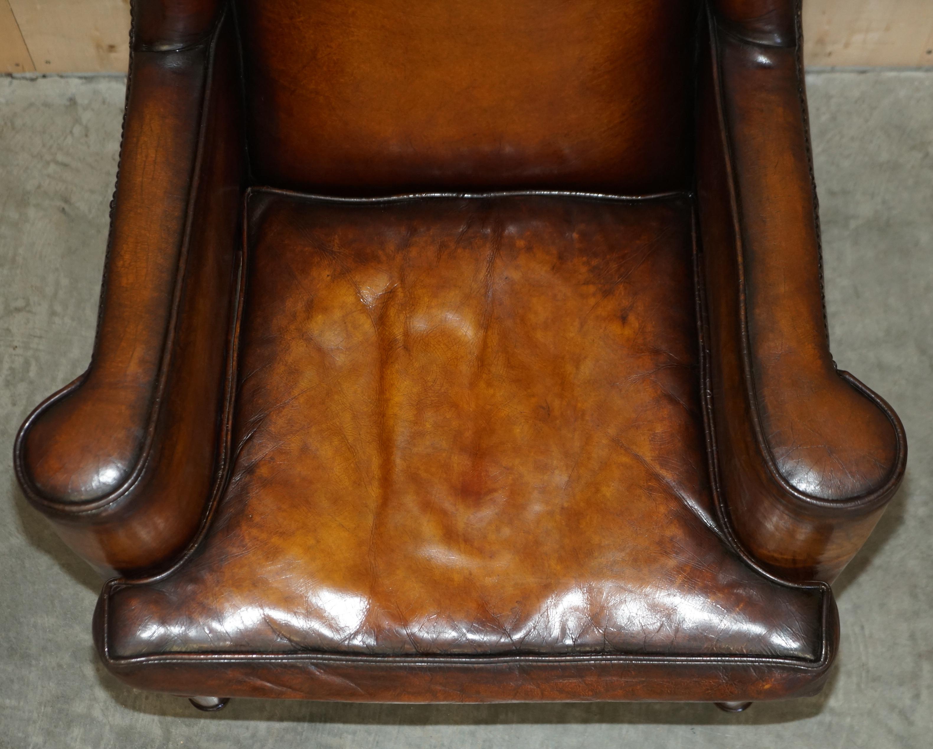 Pair of Vintage Oak Framed William Morris Cigar Brown Leather Wingback Armchairs 4