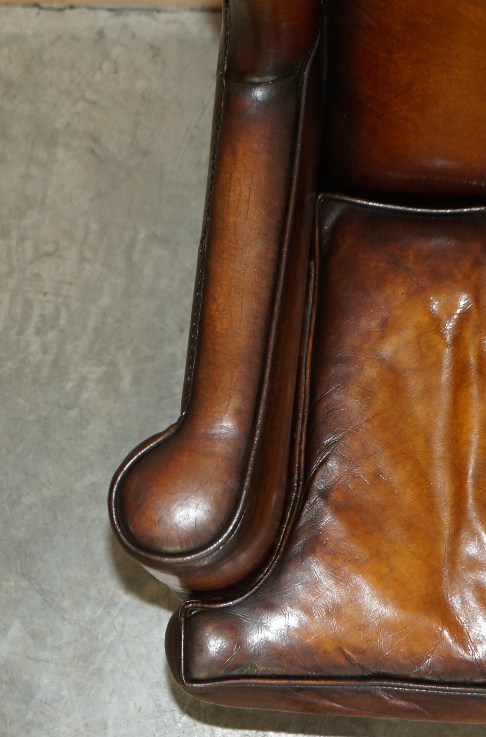 Pair of Vintage Oak Framed William Morris Cigar Brown Leather Wingback Armchairs 5