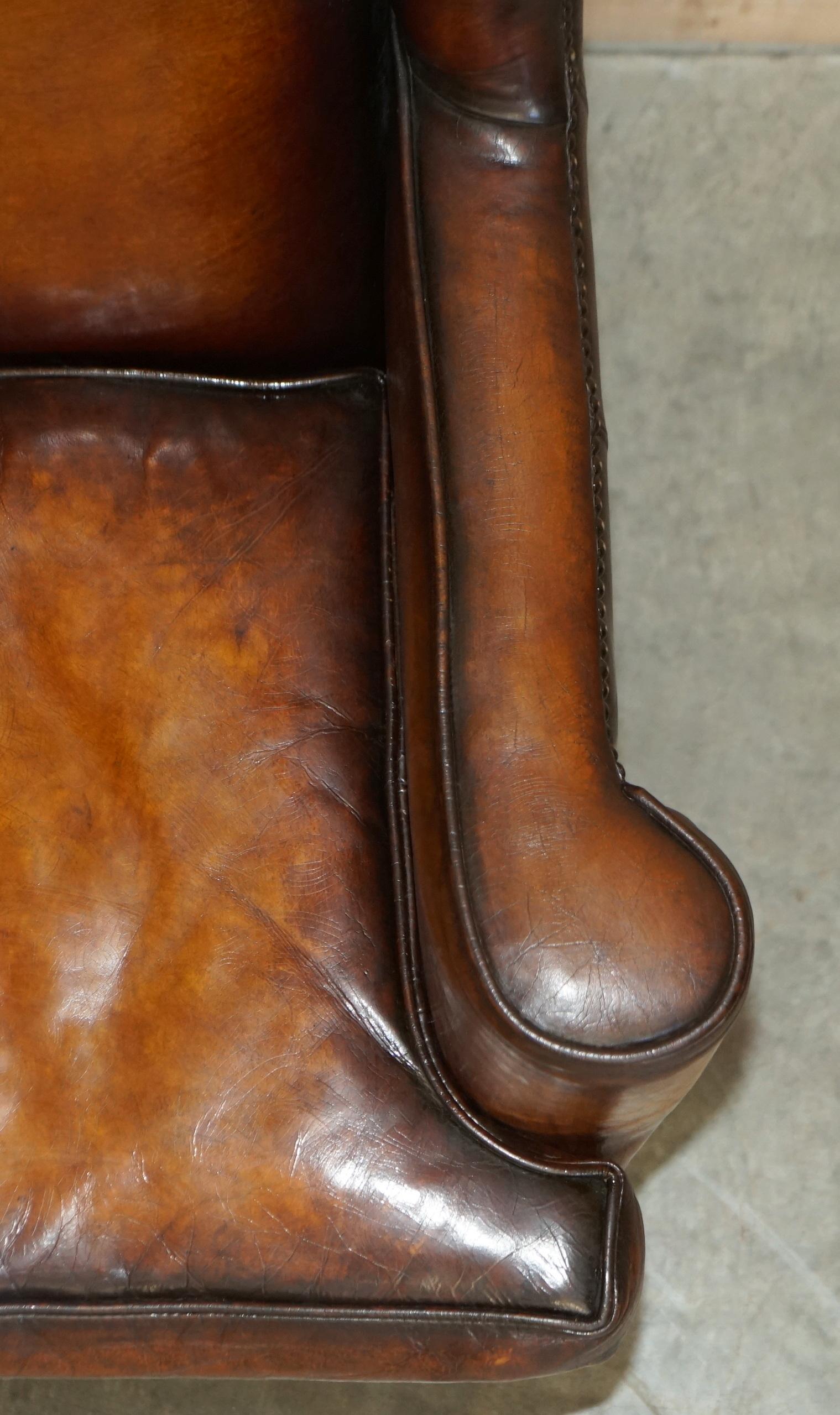 Pair of Vintage Oak Framed William Morris Cigar Brown Leather Wingback Armchairs 6