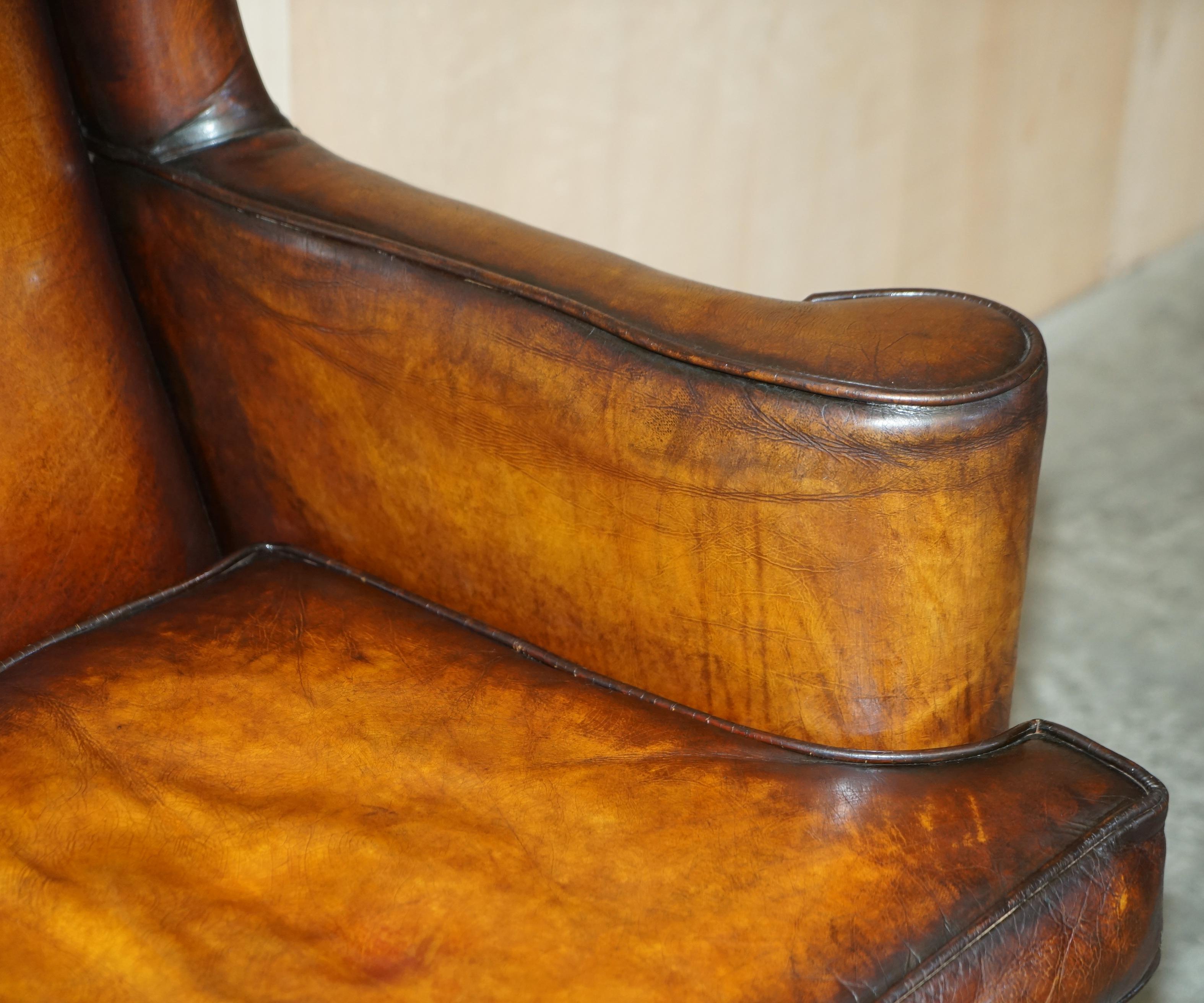 Pair of Vintage Oak Framed William Morris Cigar Brown Leather Wingback Armchairs 8