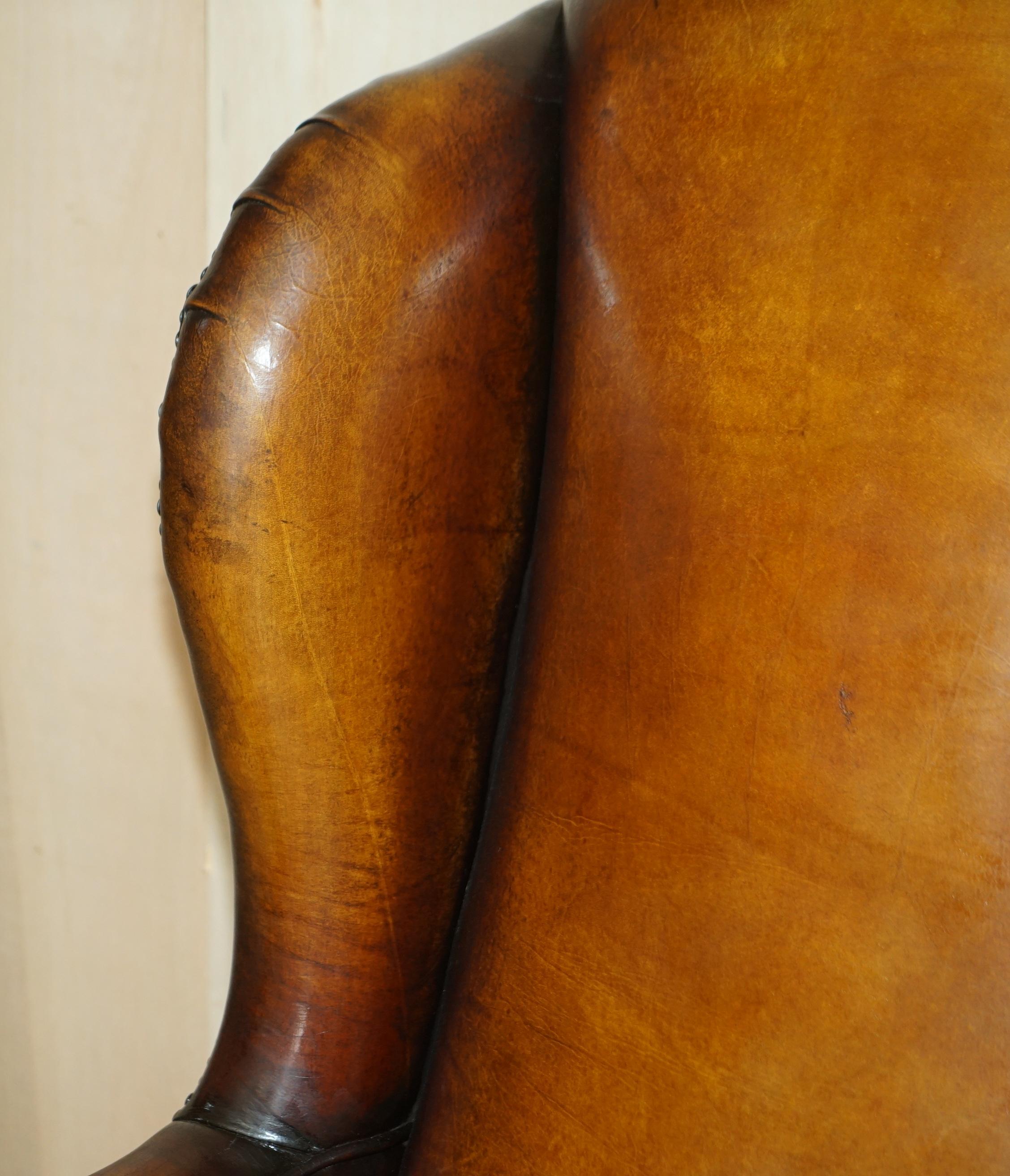 Pair of Vintage Oak Framed William Morris Cigar Brown Leather Wingback Armchairs 9