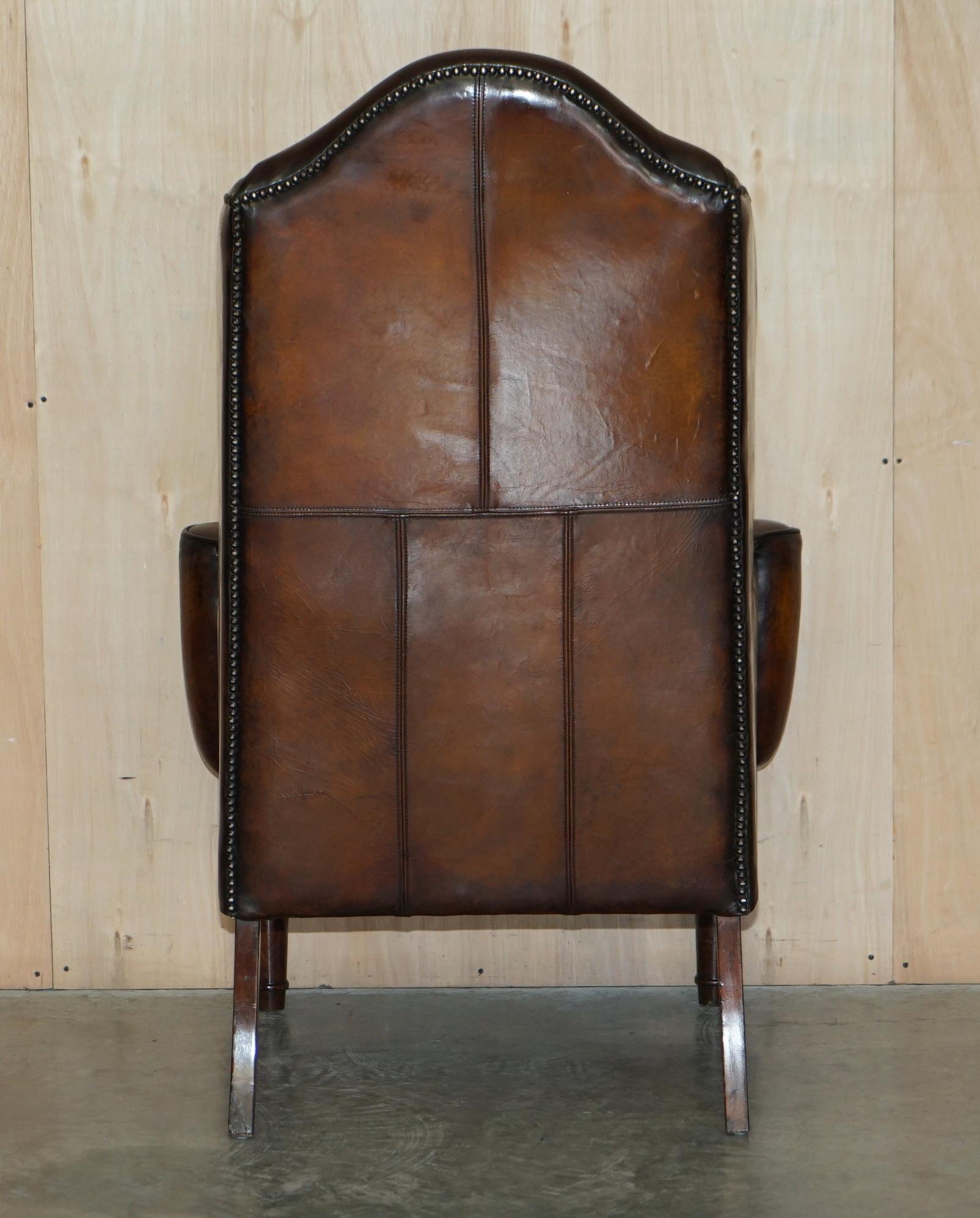 Pair of Vintage Oak Framed William Morris Cigar Brown Leather Wingback Armchairs 13