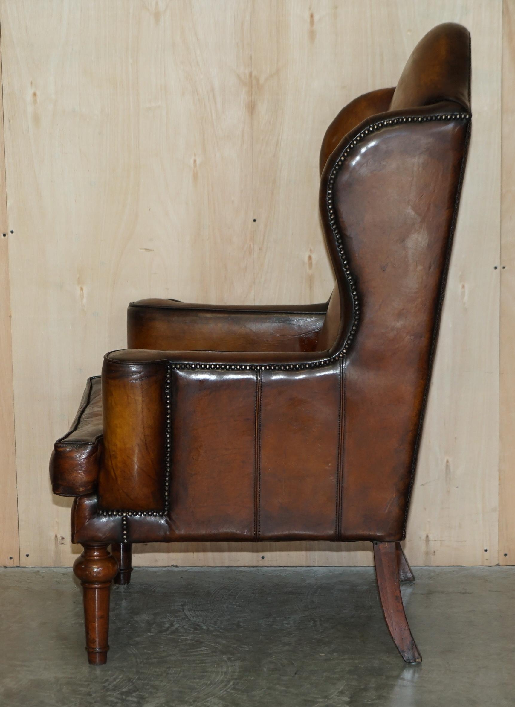 Pair of Vintage Oak Framed William Morris Cigar Brown Leather Wingback Armchairs 14