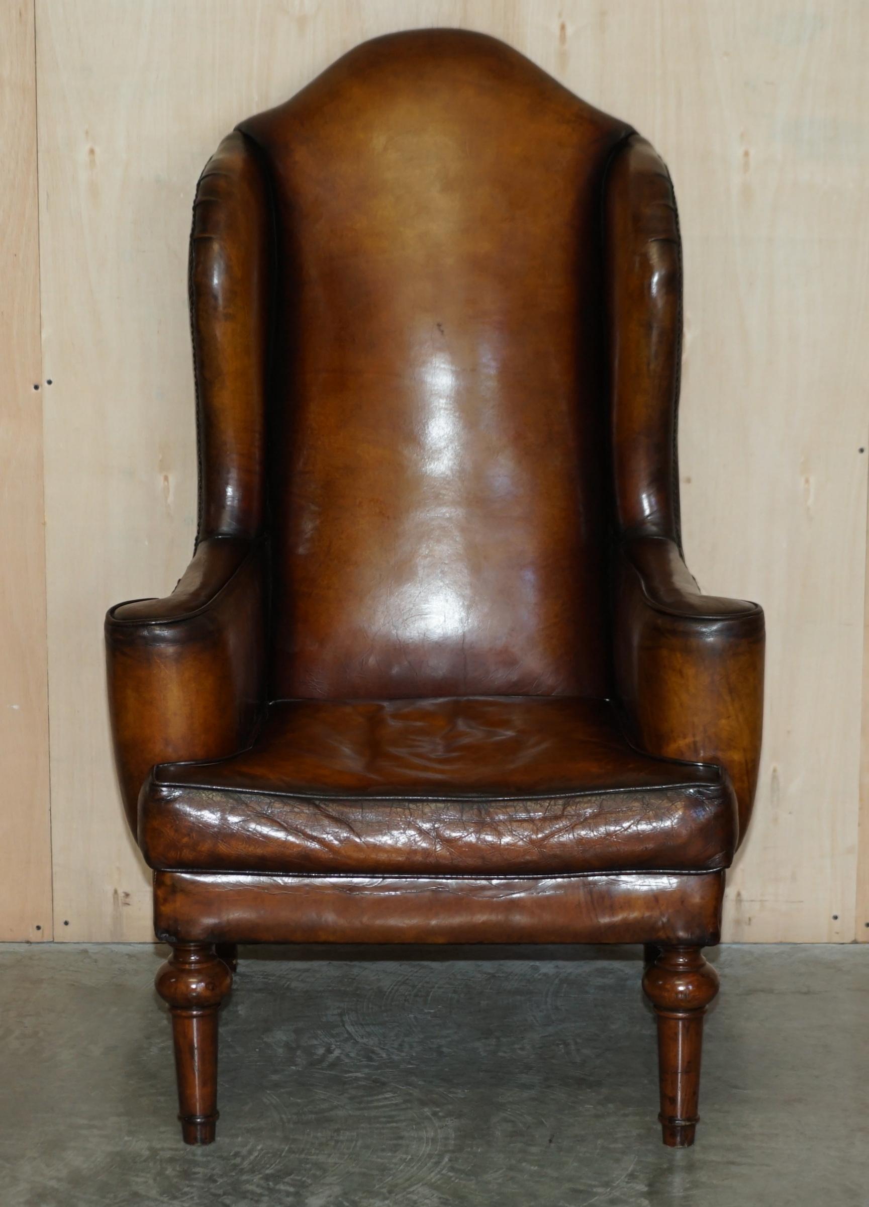 Victorian Pair of Vintage Oak Framed William Morris Cigar Brown Leather Wingback Armchairs