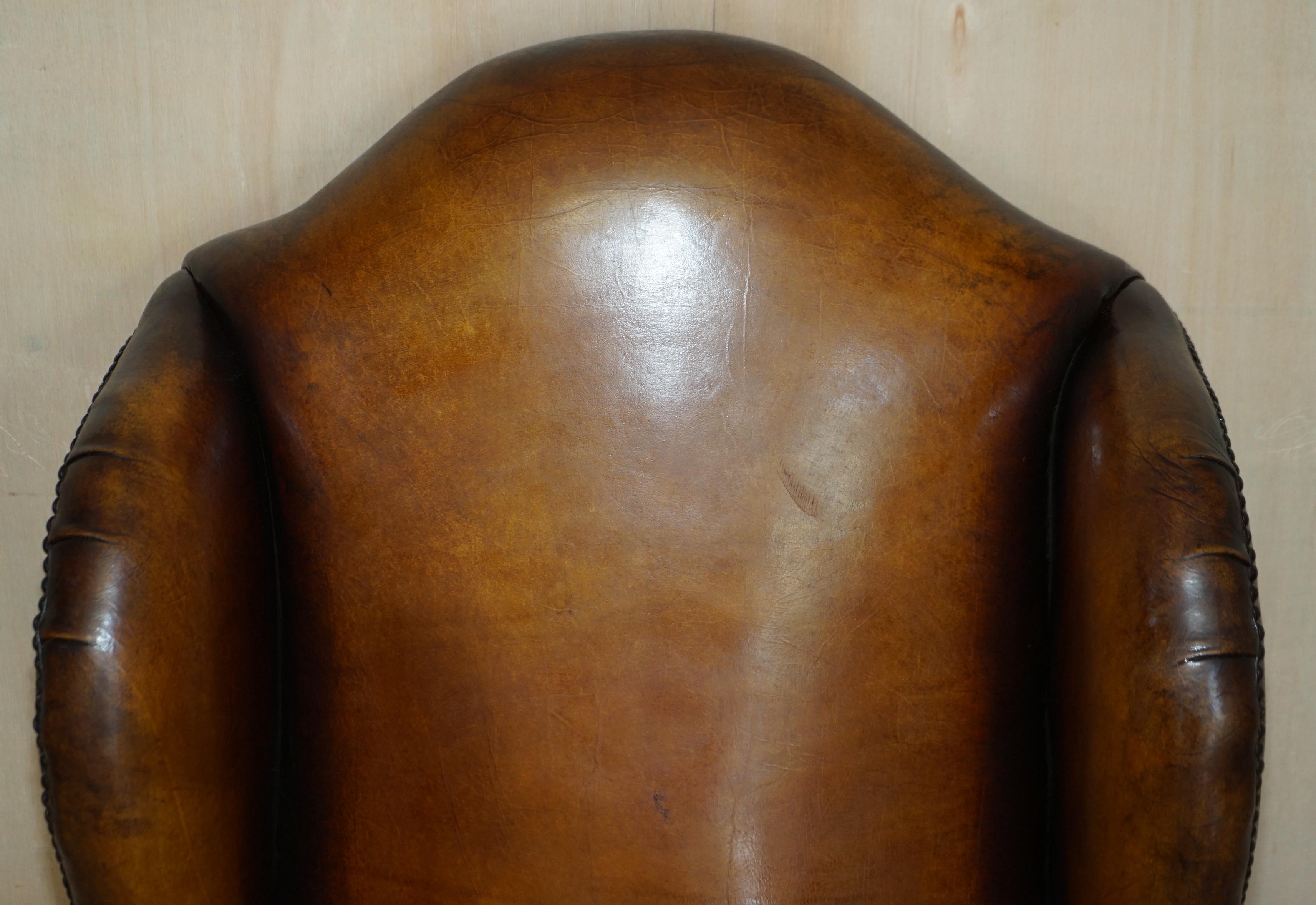 Hand-Crafted Pair of Vintage Oak Framed William Morris Cigar Brown Leather Wingback Armchairs