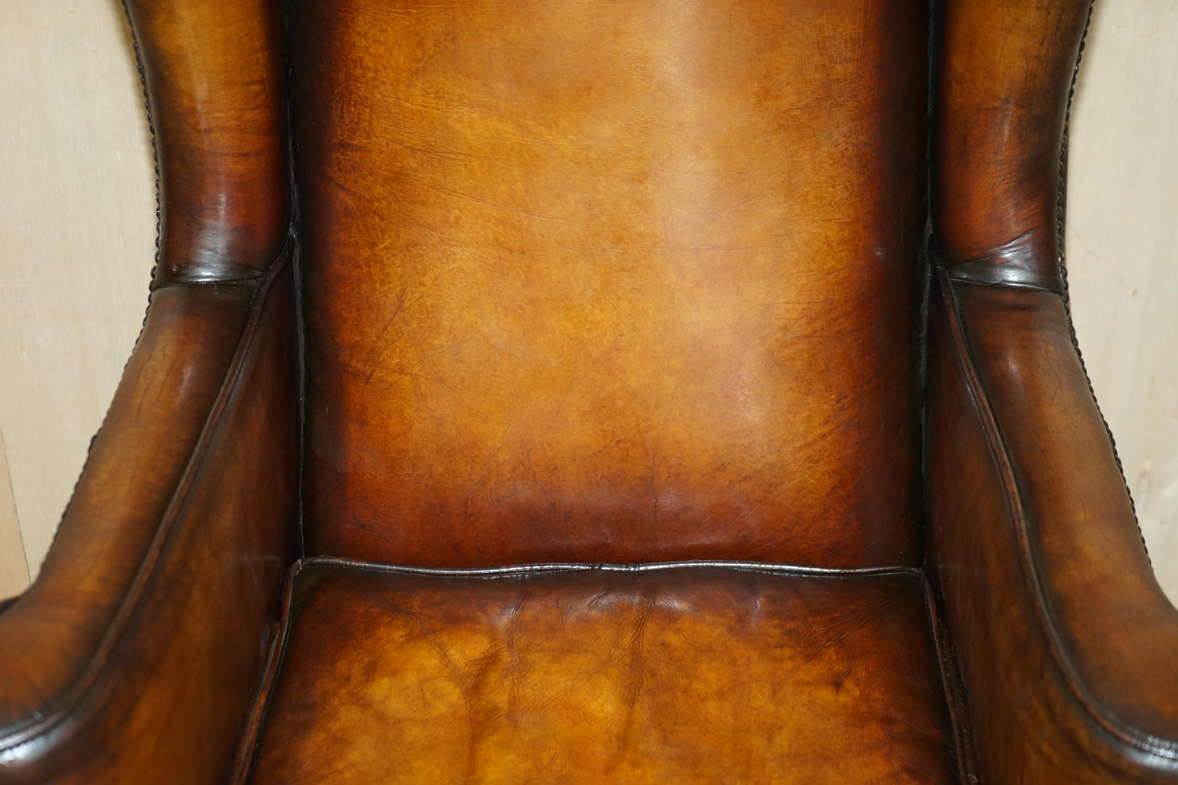 Pair of Vintage Oak Framed William Morris Cigar Brown Leather Wingback Armchairs 1