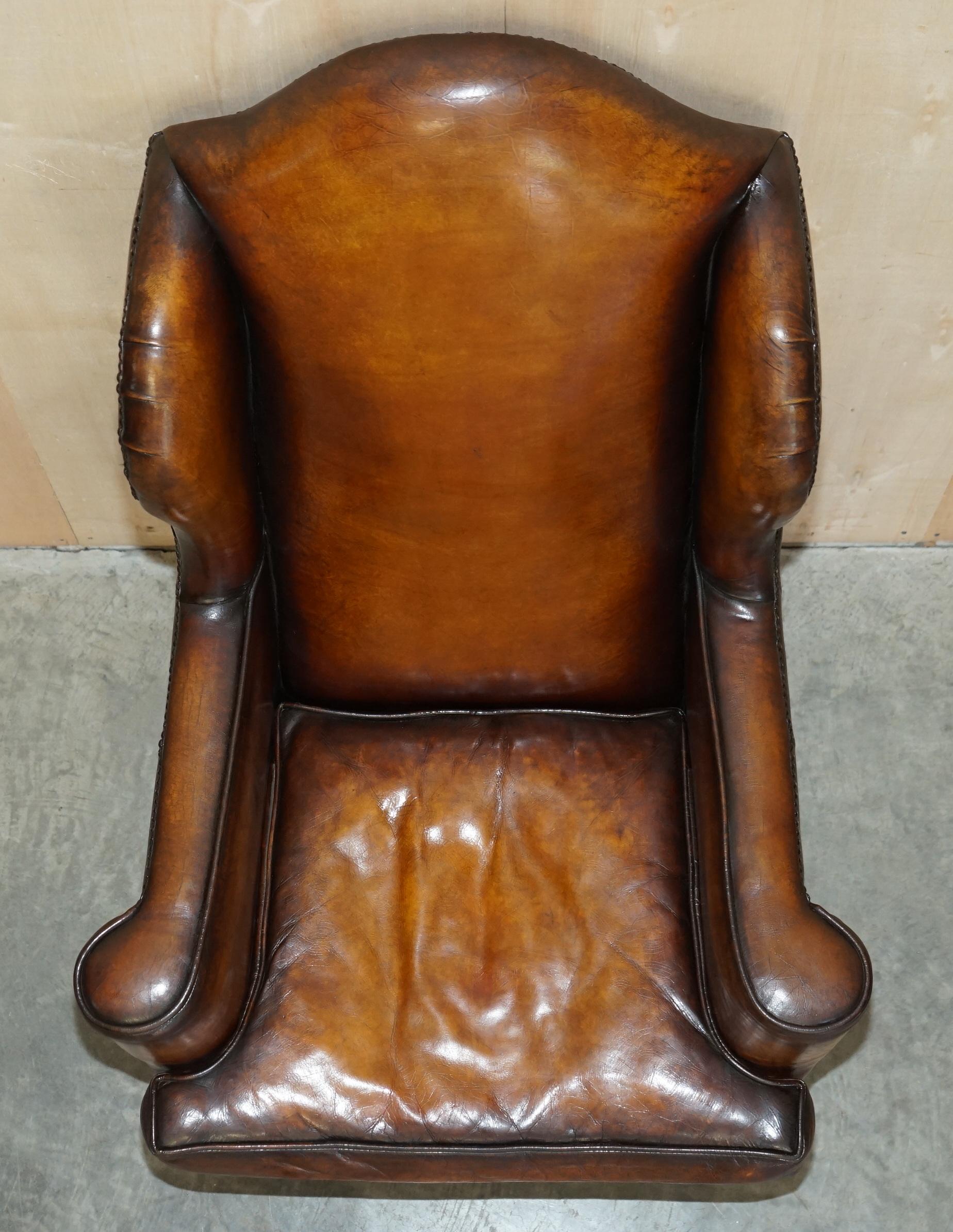 Pair of Vintage Oak Framed William Morris Cigar Brown Leather Wingback Armchairs 3