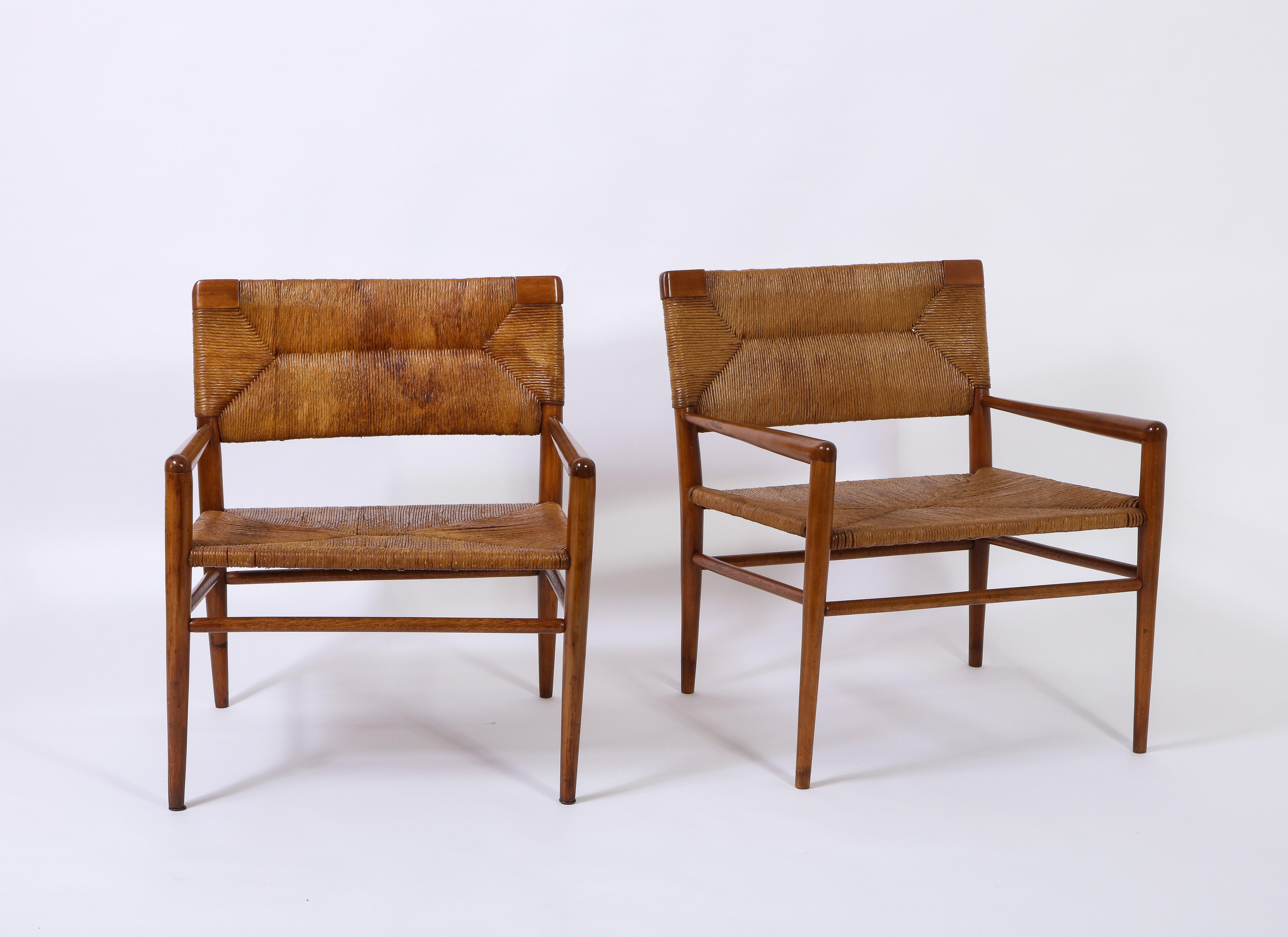 French Pair of Vintage Oak and Rush Chairs by Mel Smilow, USA, 1960 For Sale