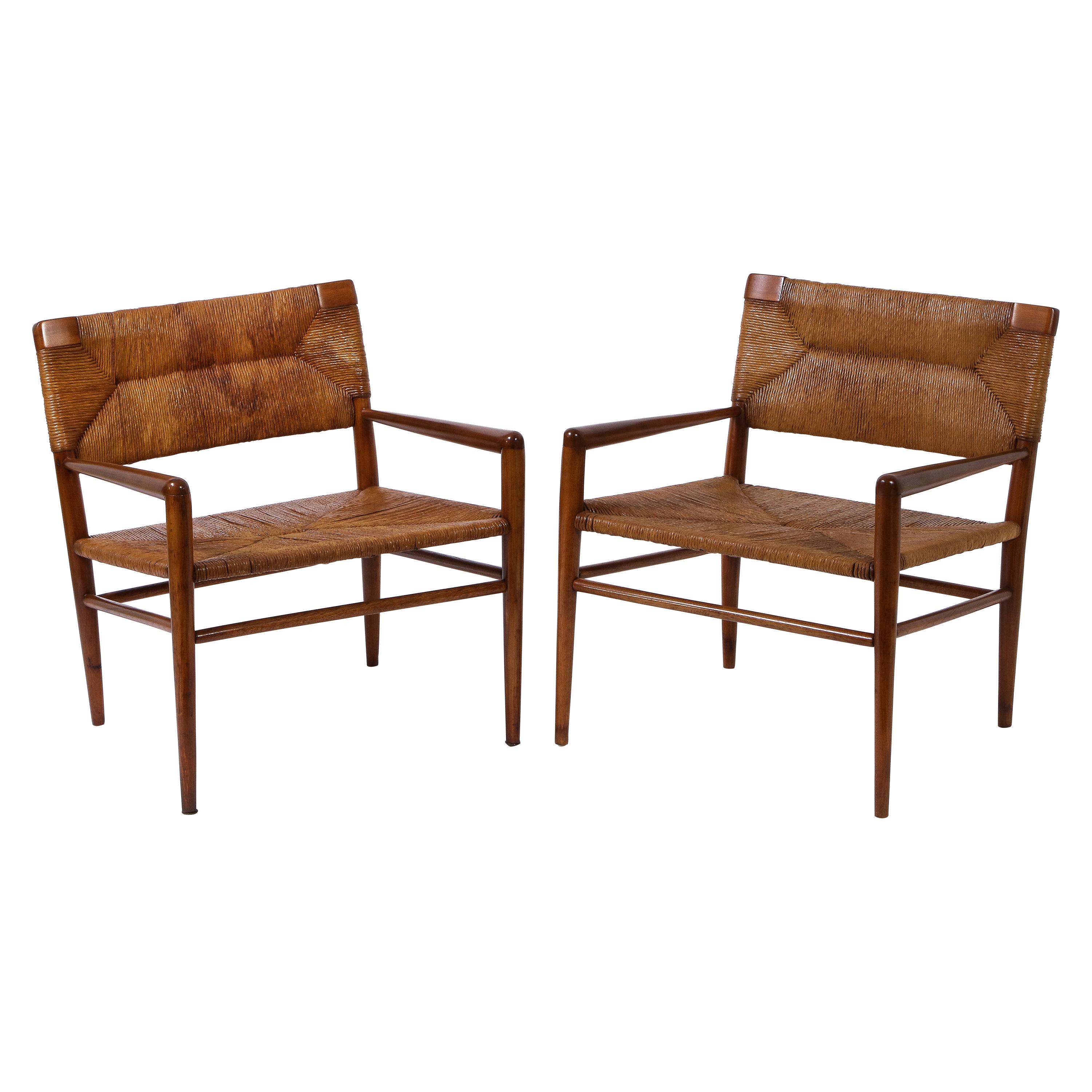 Pair of Vintage Oak and Rush Chairs by Mel Smilow, USA, 1960
