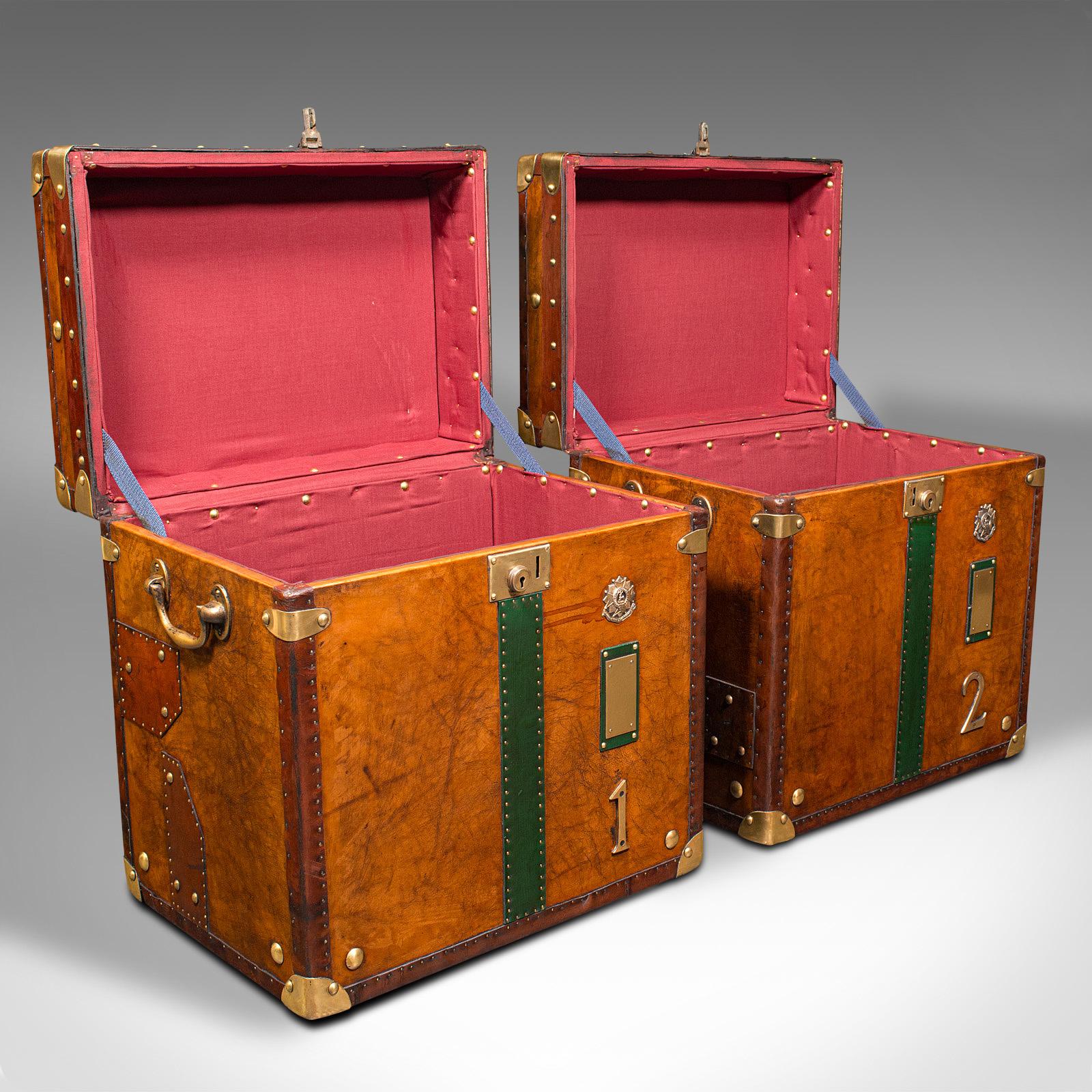 This is a pair of vintage officer's campaign luggage cases. An English, leather and brass bedside nightstand, dating to the mid 20th century, circa 1950.
 
Superb casework, with beautifully appointed detail and finishes
Displaying a desirable aged