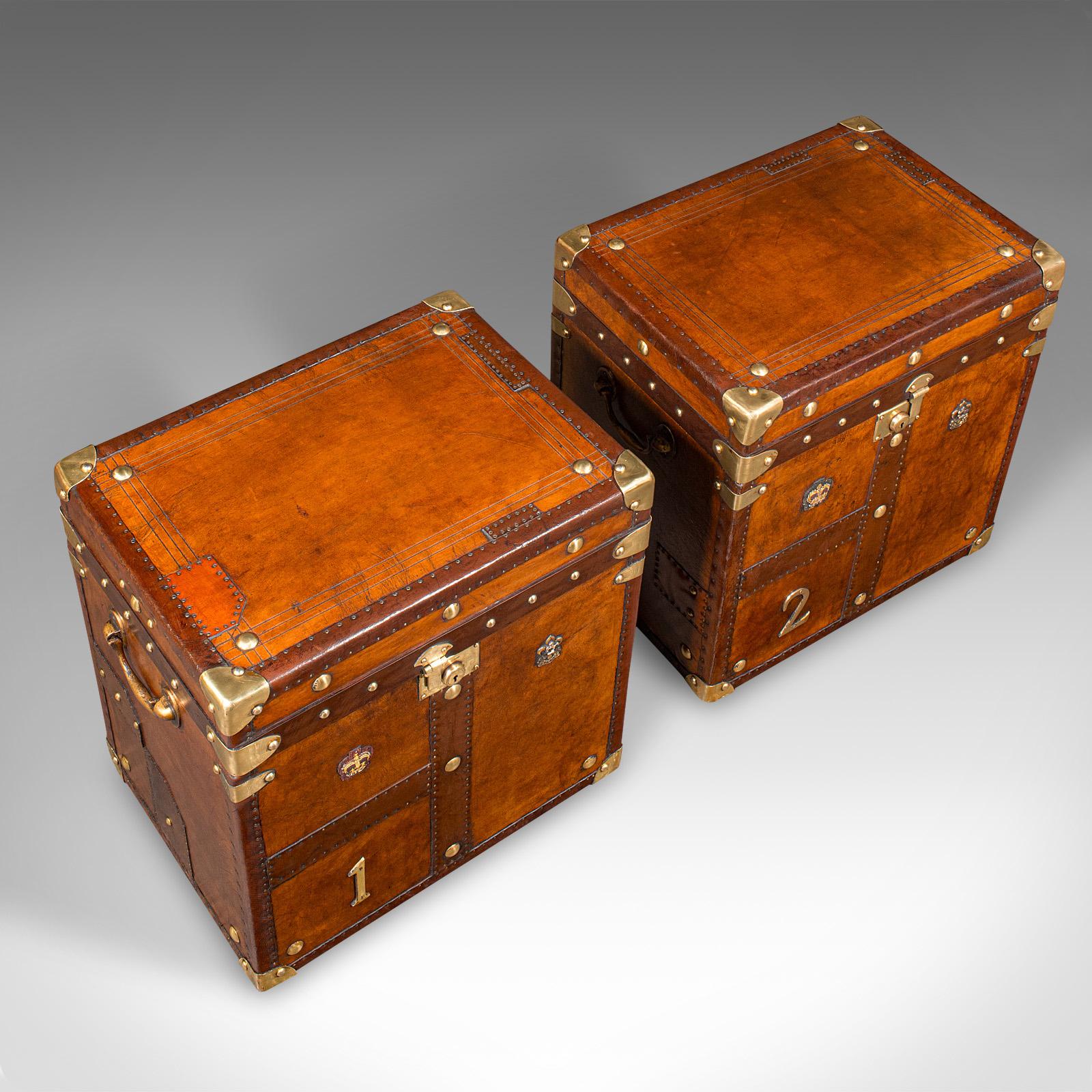 Pair Of Vintage Officer's Campaign Luggage Cases, English, Leather, Nightstands For Sale 1