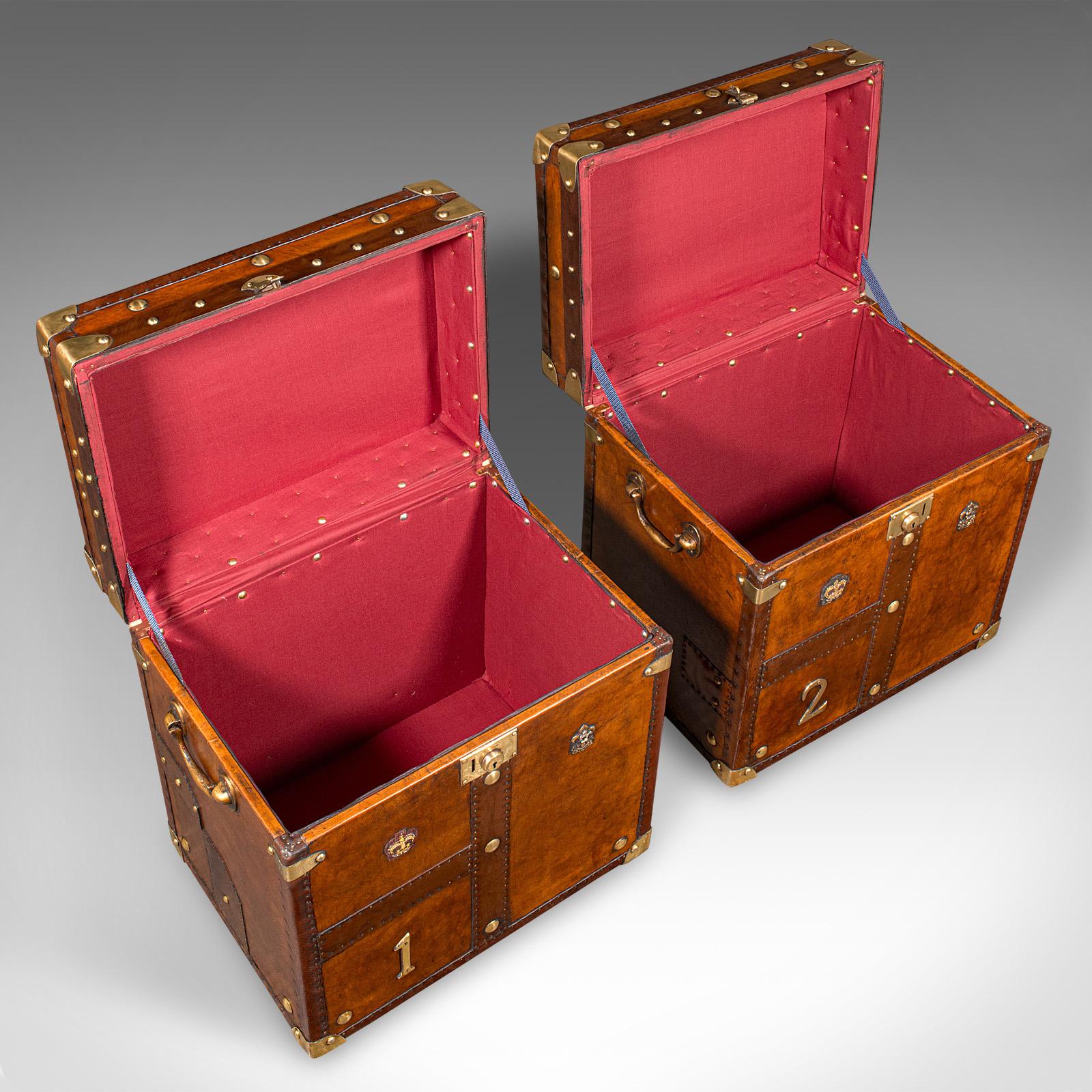 Pair Of Vintage Officer's Campaign Luggage Cases, English, Leather, Nightstands For Sale 2