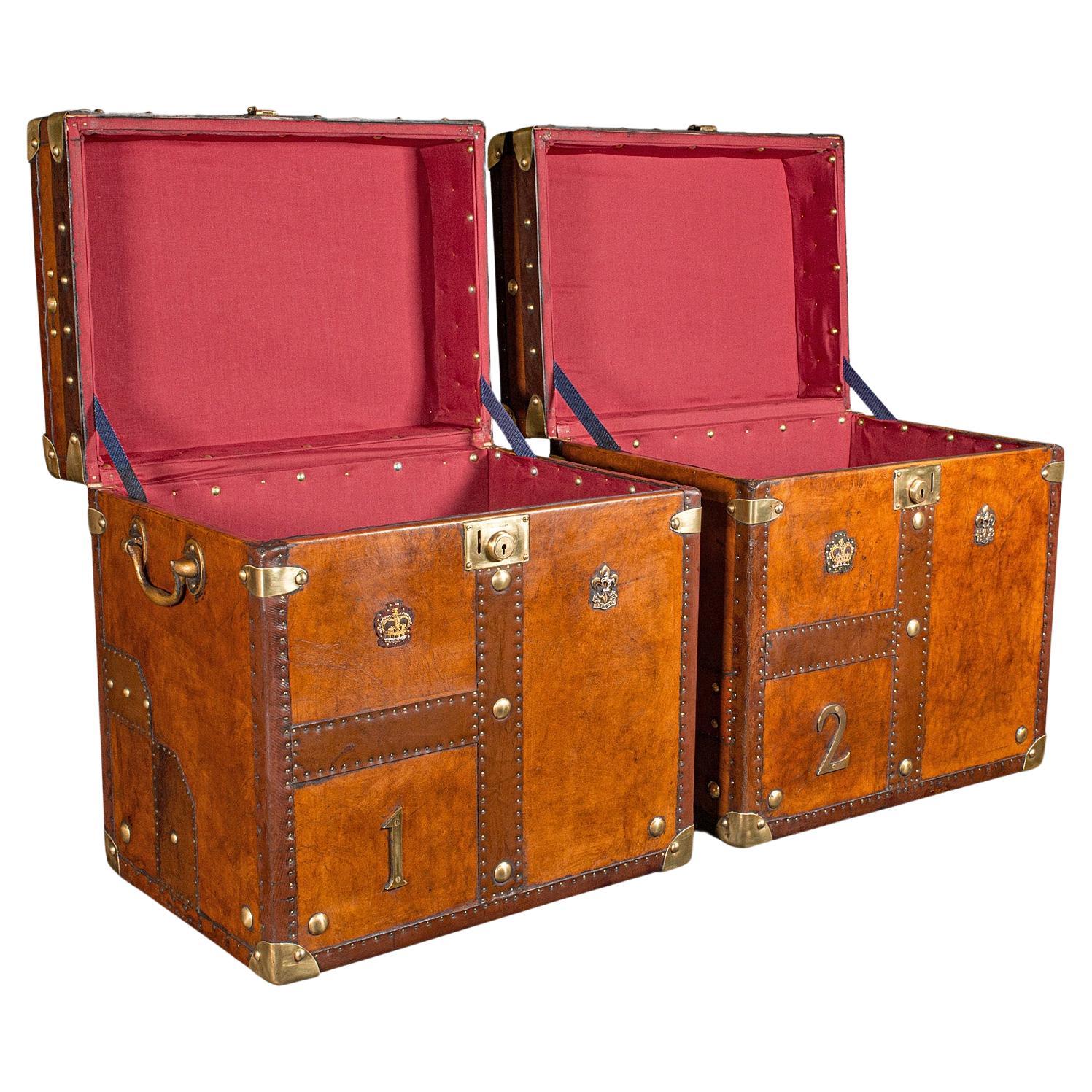 Pair Of Vintage Officer's Campaign Luggage Cases, English, Leather, Nightstands For Sale